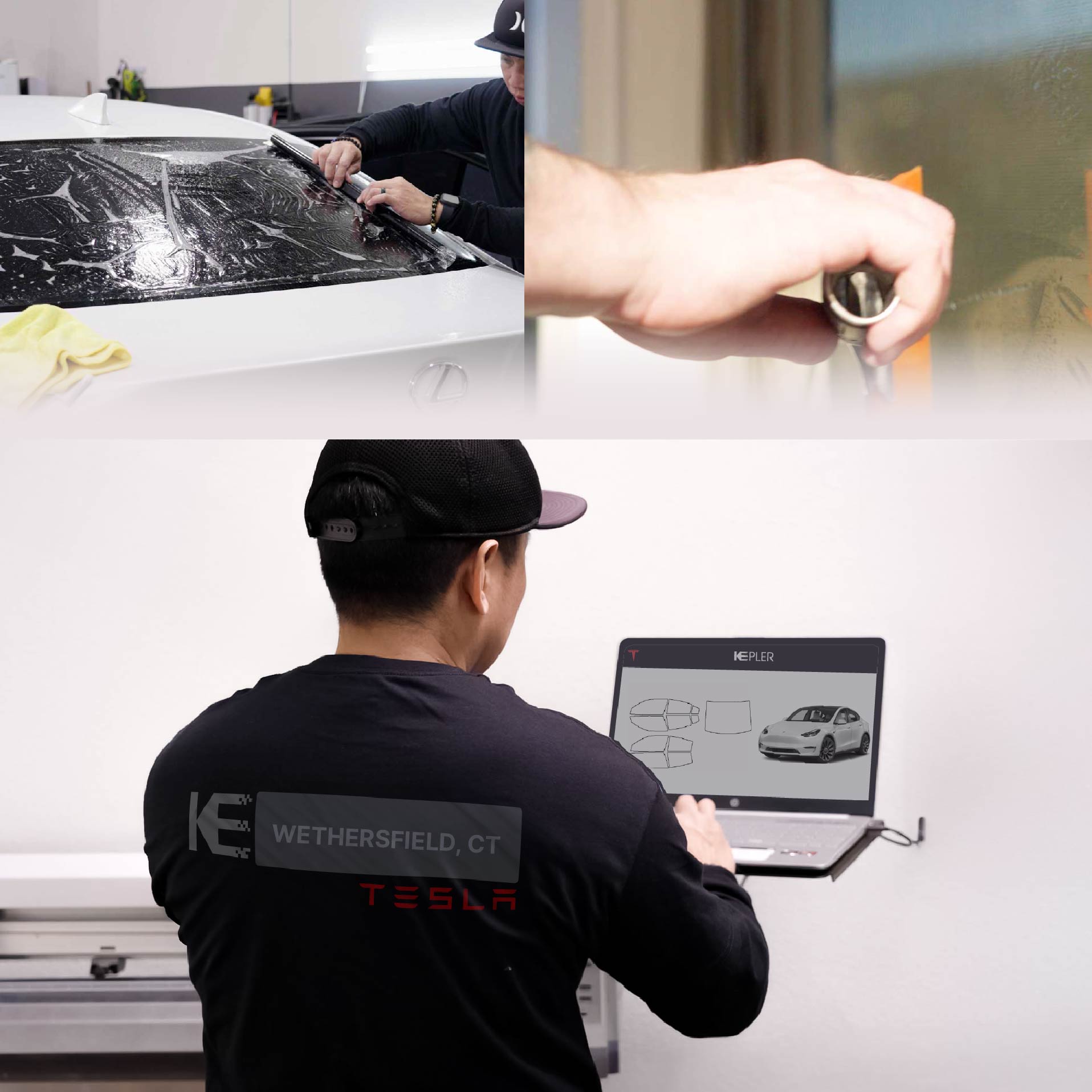 Kepler Technician Installing High-tech Window Tint to Tesla in Wethersfield