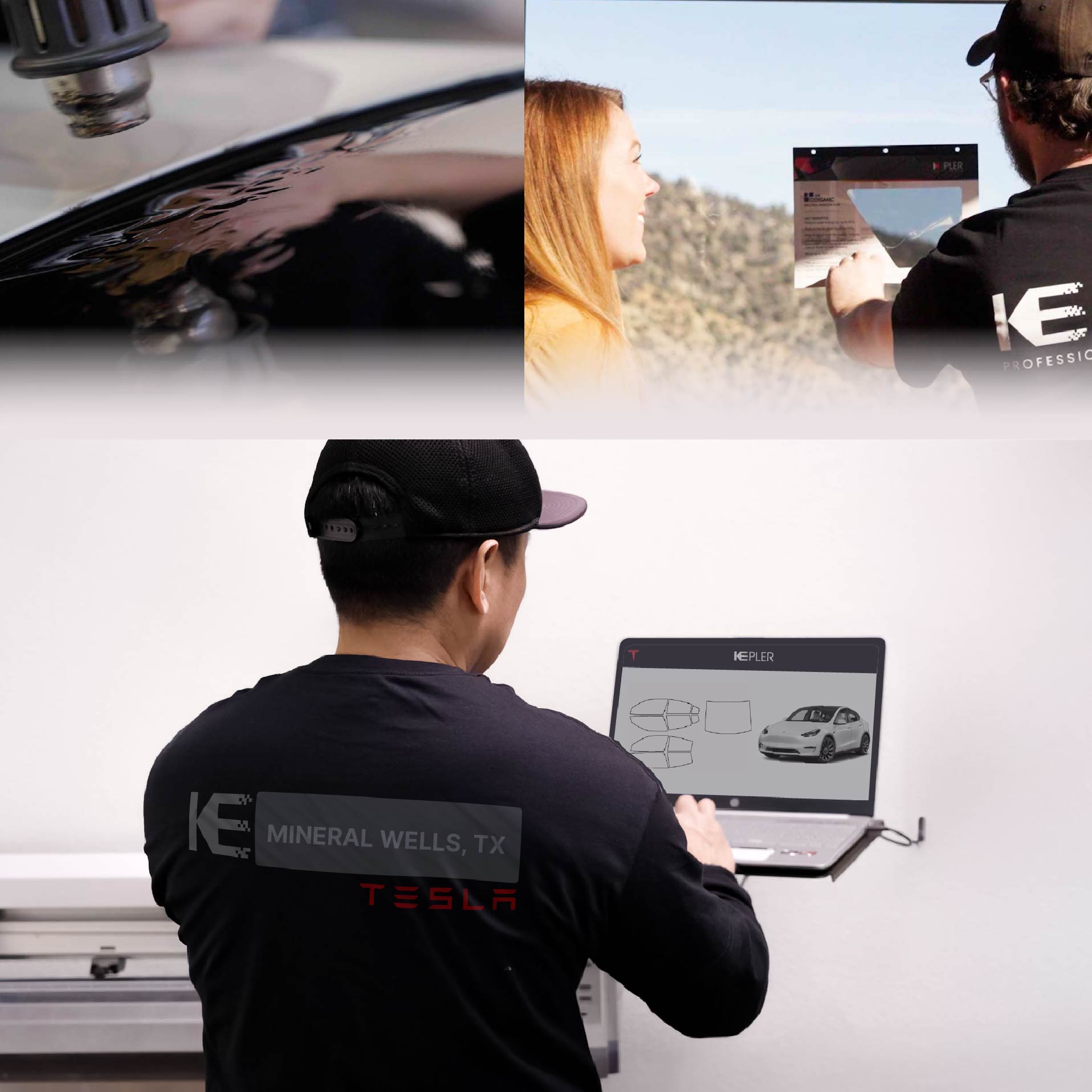 Kepler Technician Fitting Advanced Window Tint to Tesla in Mineral Wells