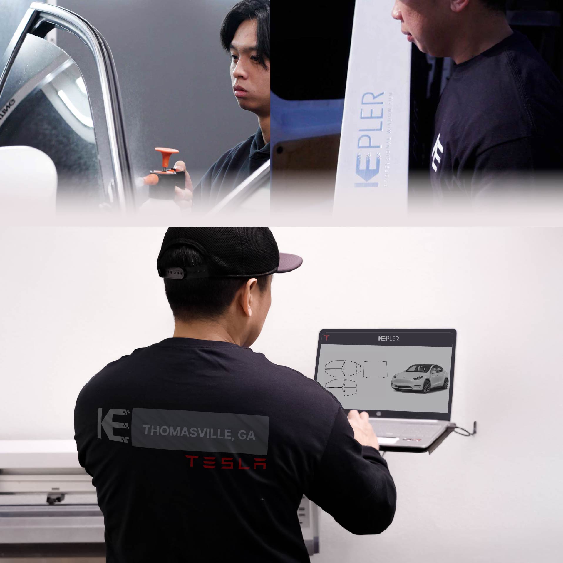 Kepler Technician Installing High-tech Window Tint to Tesla in Thomasville