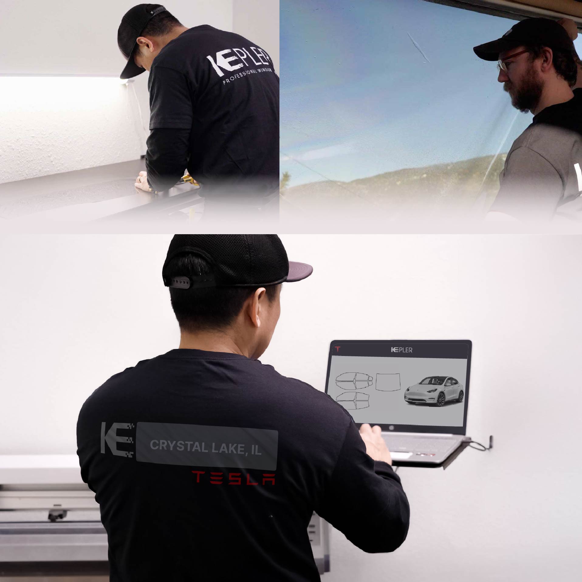 Kepler Technician Applying Advanced Window Tint to Tesla in Crystal Lake