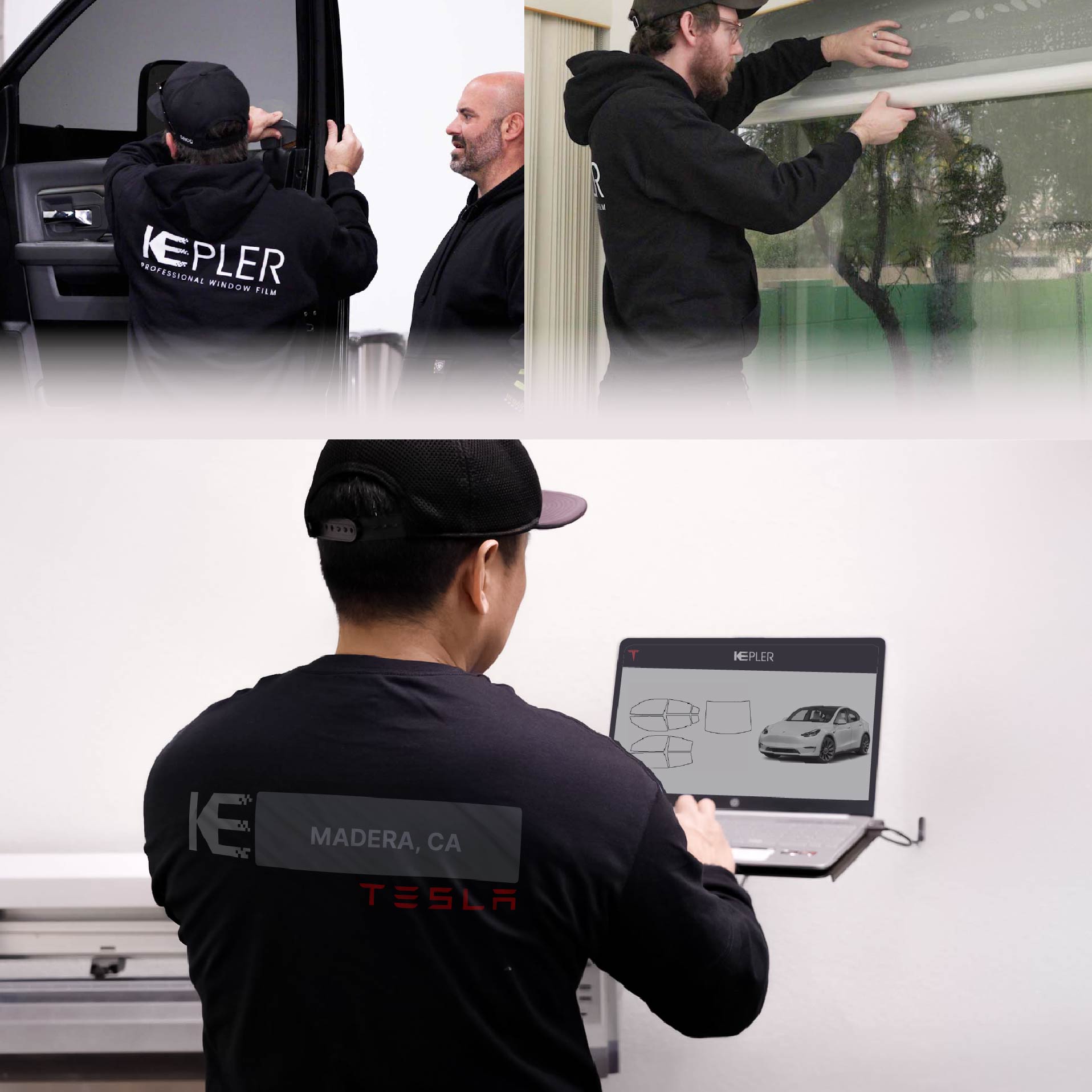 Kepler Technician Installing Ceramic Window Tint to Tesla in Madera