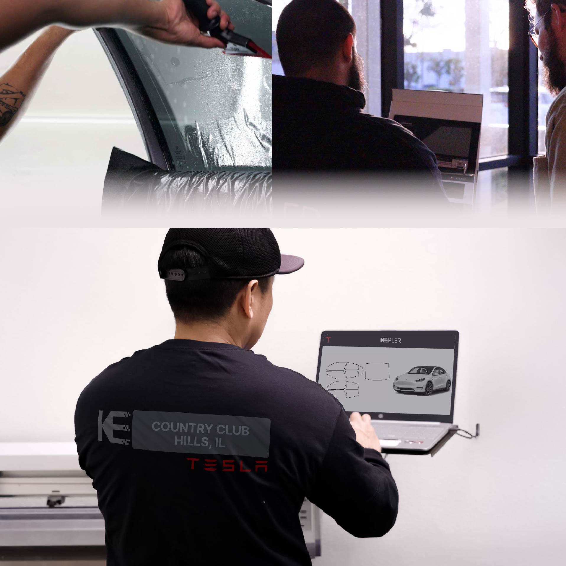 Expert Technician Fitting High-tech Window Tint to Tesla in Country Club Hills