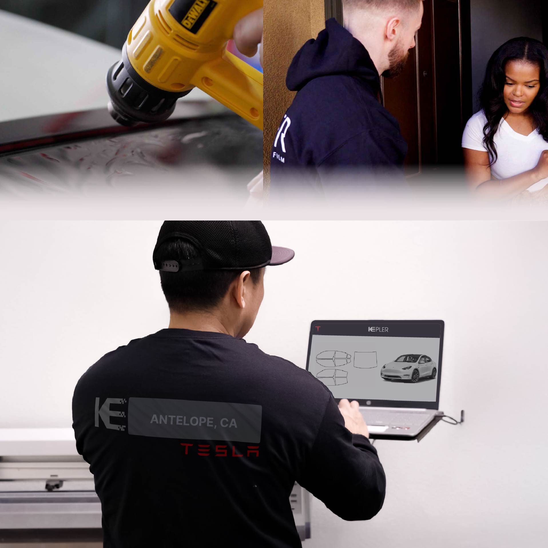 Kepler Technician Installing Ceramic Window Tint to Tesla in Antelope