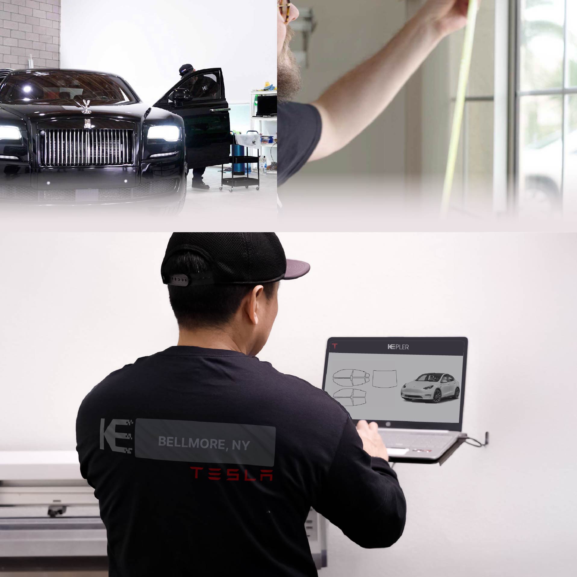 Expert Technician Applying Advanced Window Tint to Tesla in Bellmore