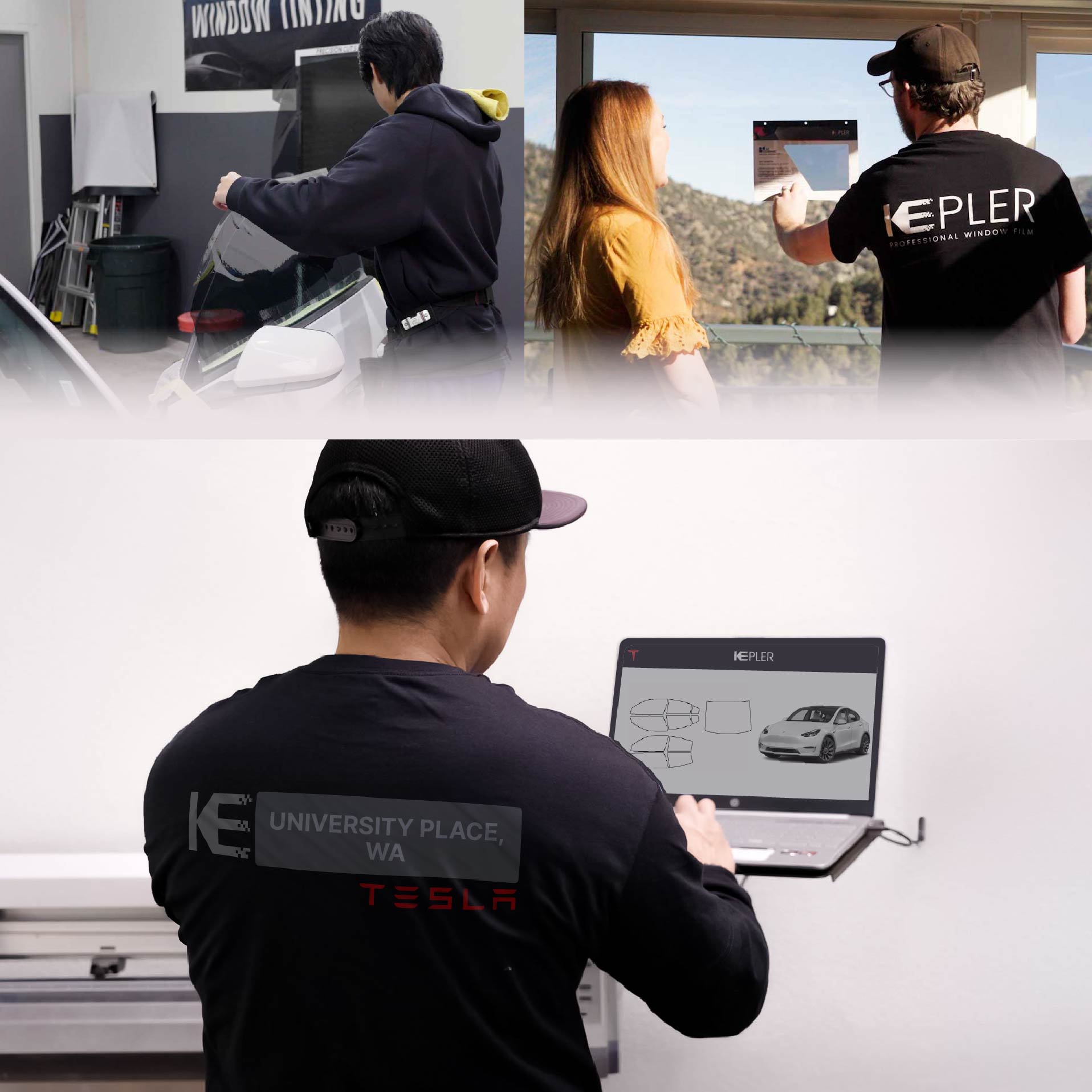 Kepler Technician Installing High-tech Window Tint to Tesla in University Place