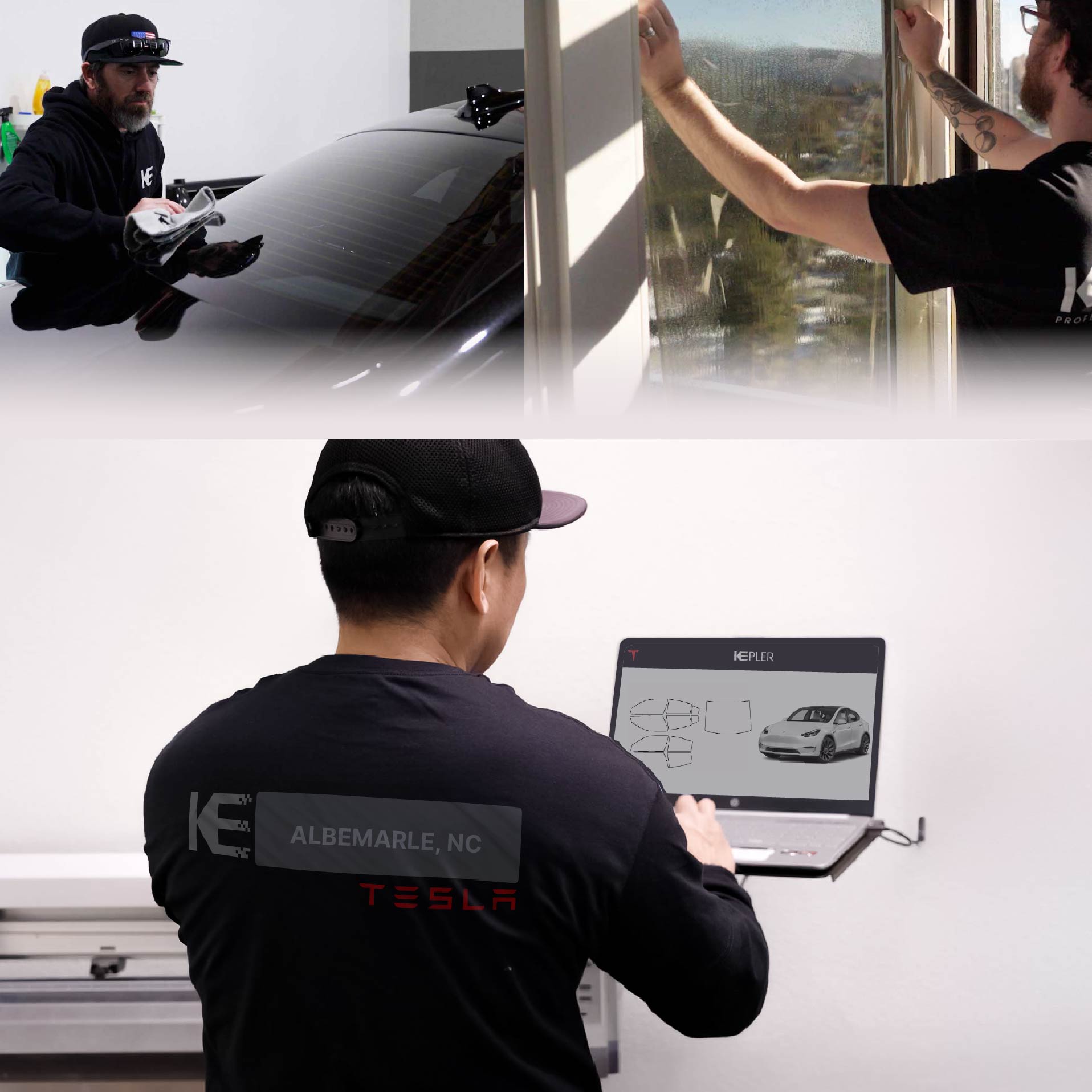 Expert Technician Applying Advanced Window Tint to Tesla in Albemarle