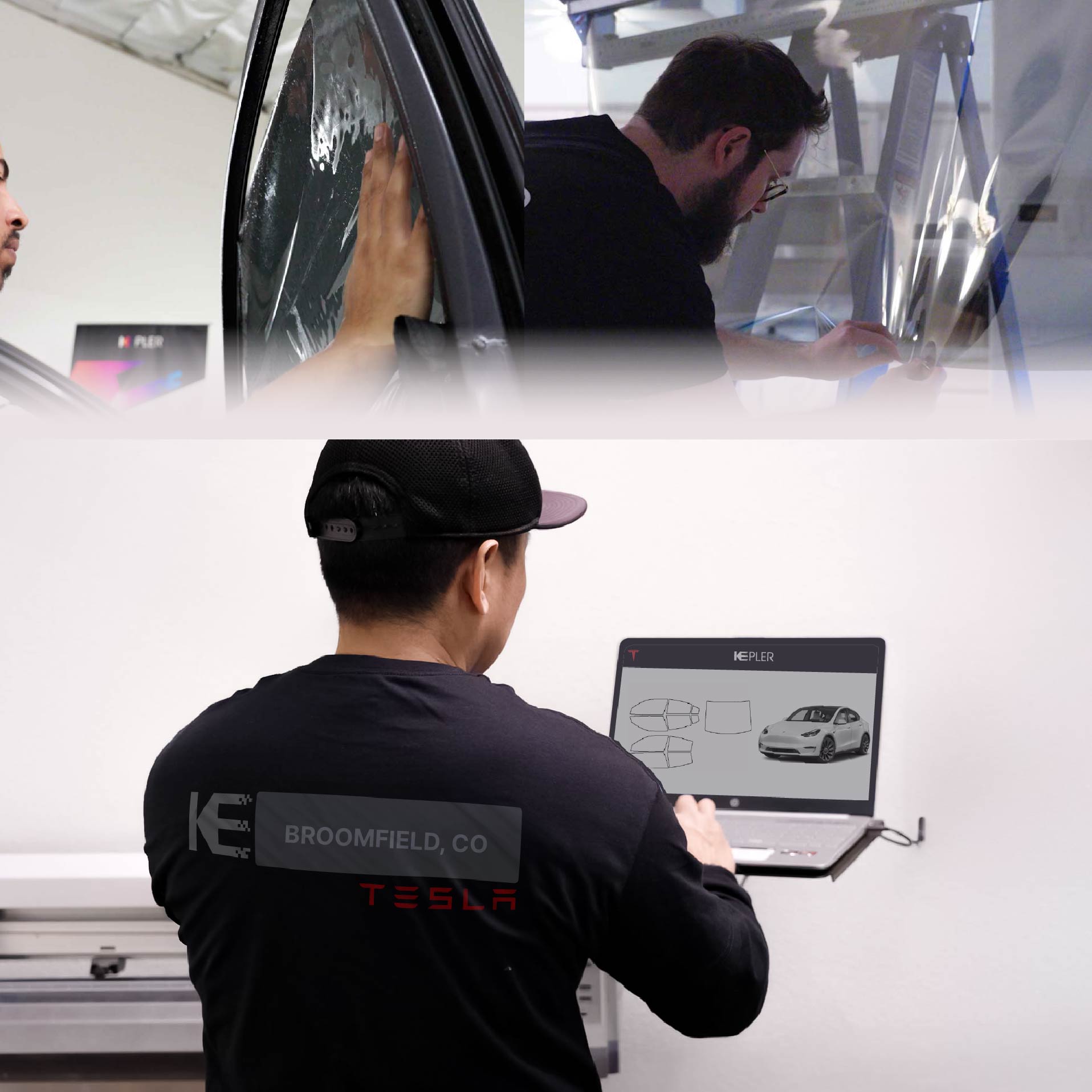 Kepler Technician Applying High-tech Window Tint to Tesla in Broomfield