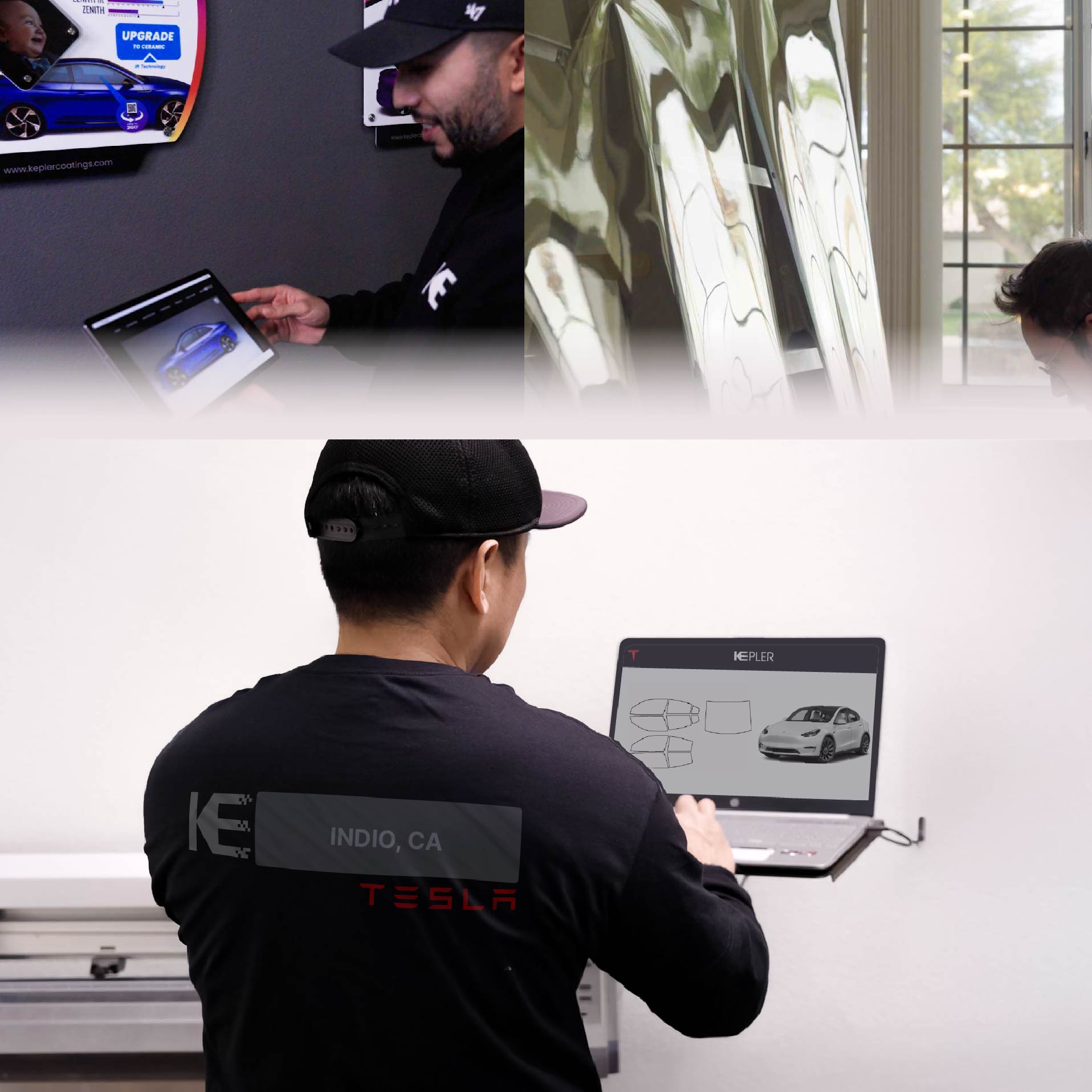Kepler Technician Fitting Advanced Window Tint to Tesla in Indio