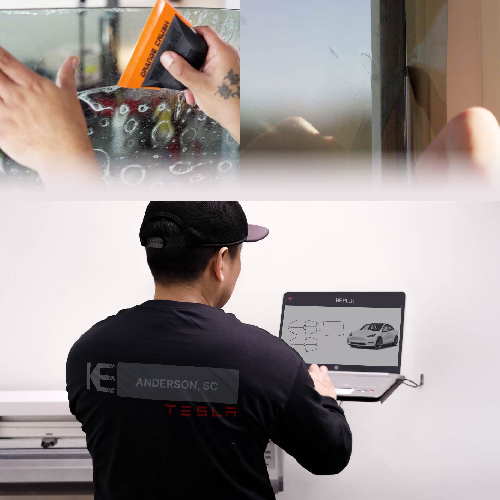 Expert Technician Installing High-tech Window Tint to Tesla in Anderson