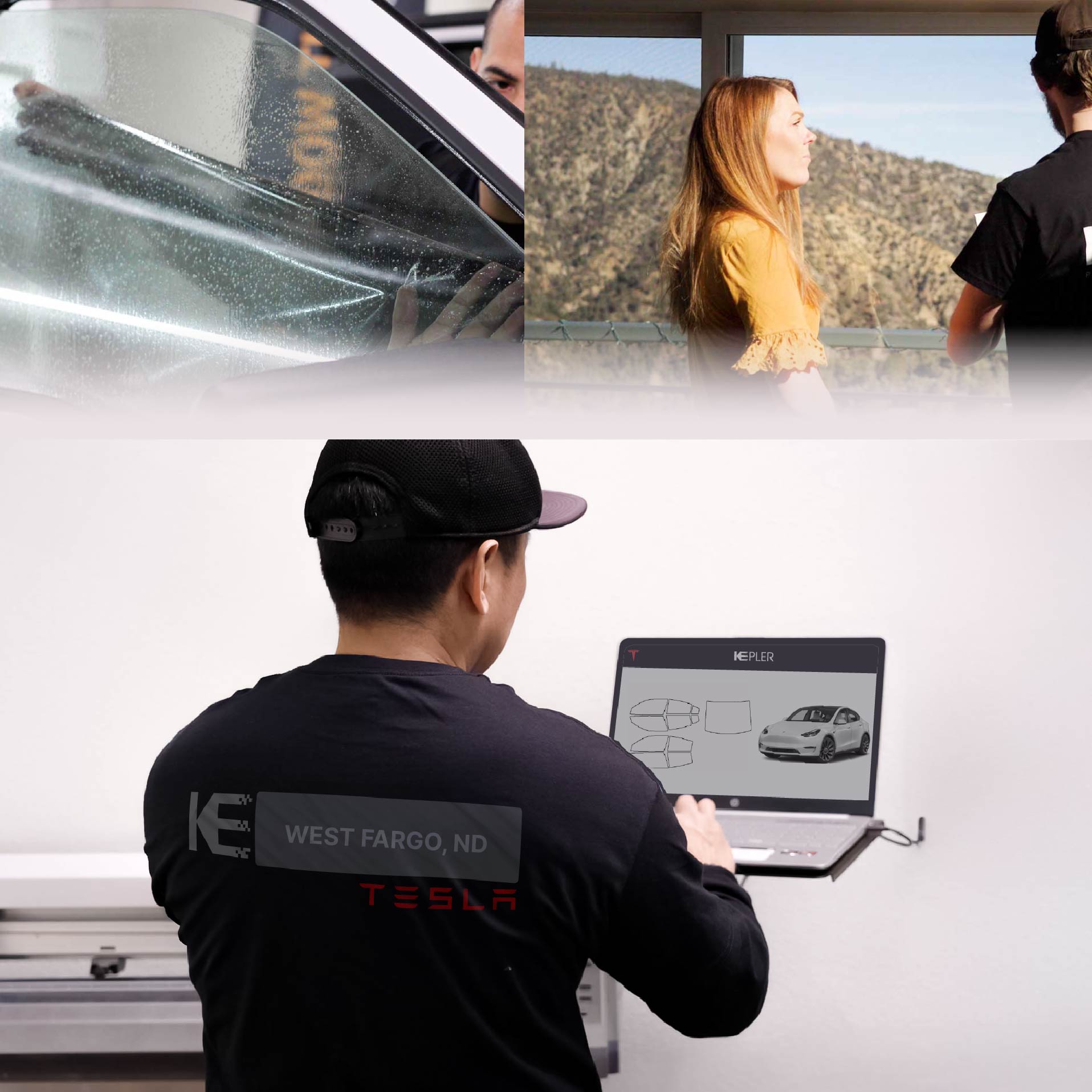 Expert Technician Applying High-tech Window Tint to Tesla in West Fargo