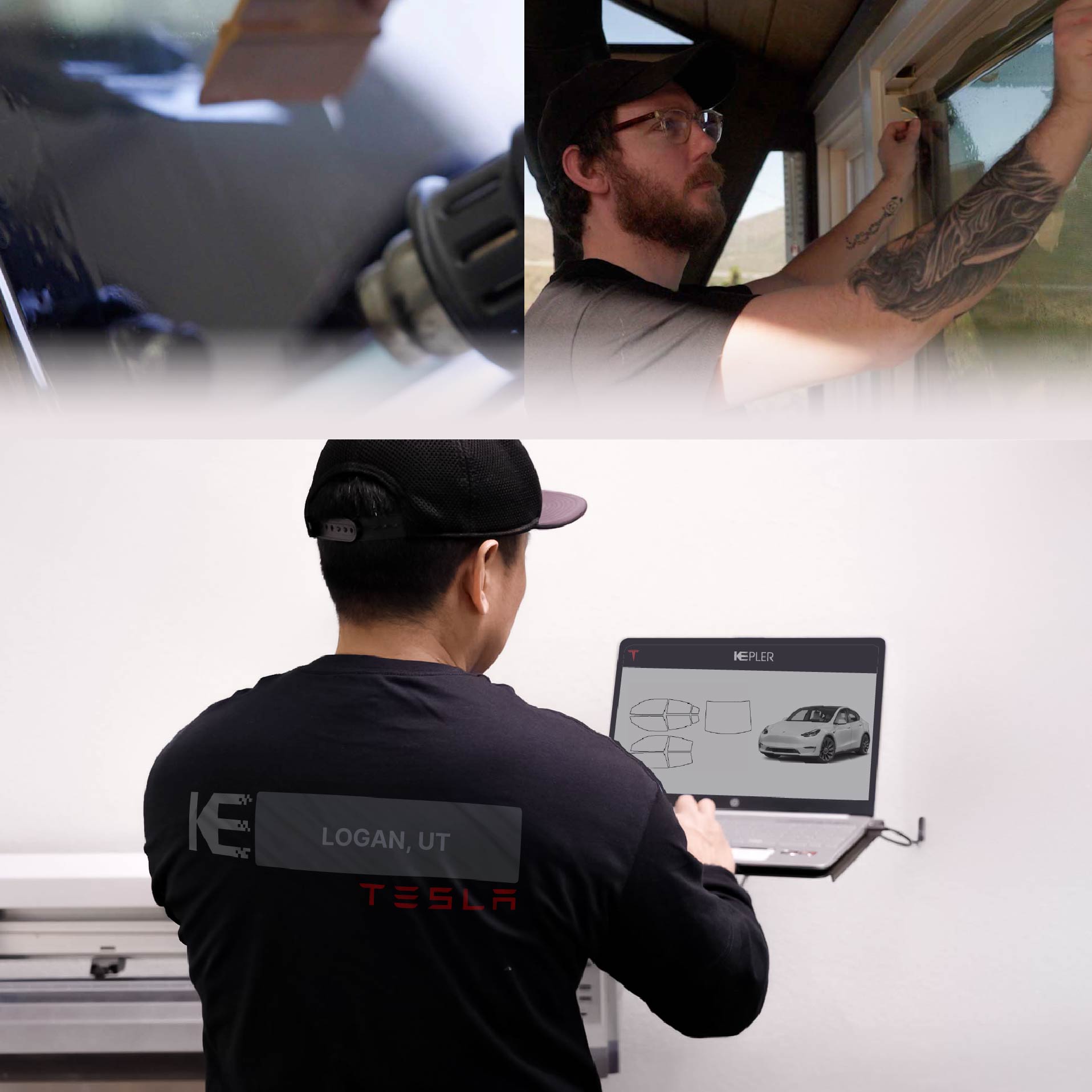 Expert Technician Applying High-tech Window Tint to Tesla in Logan
