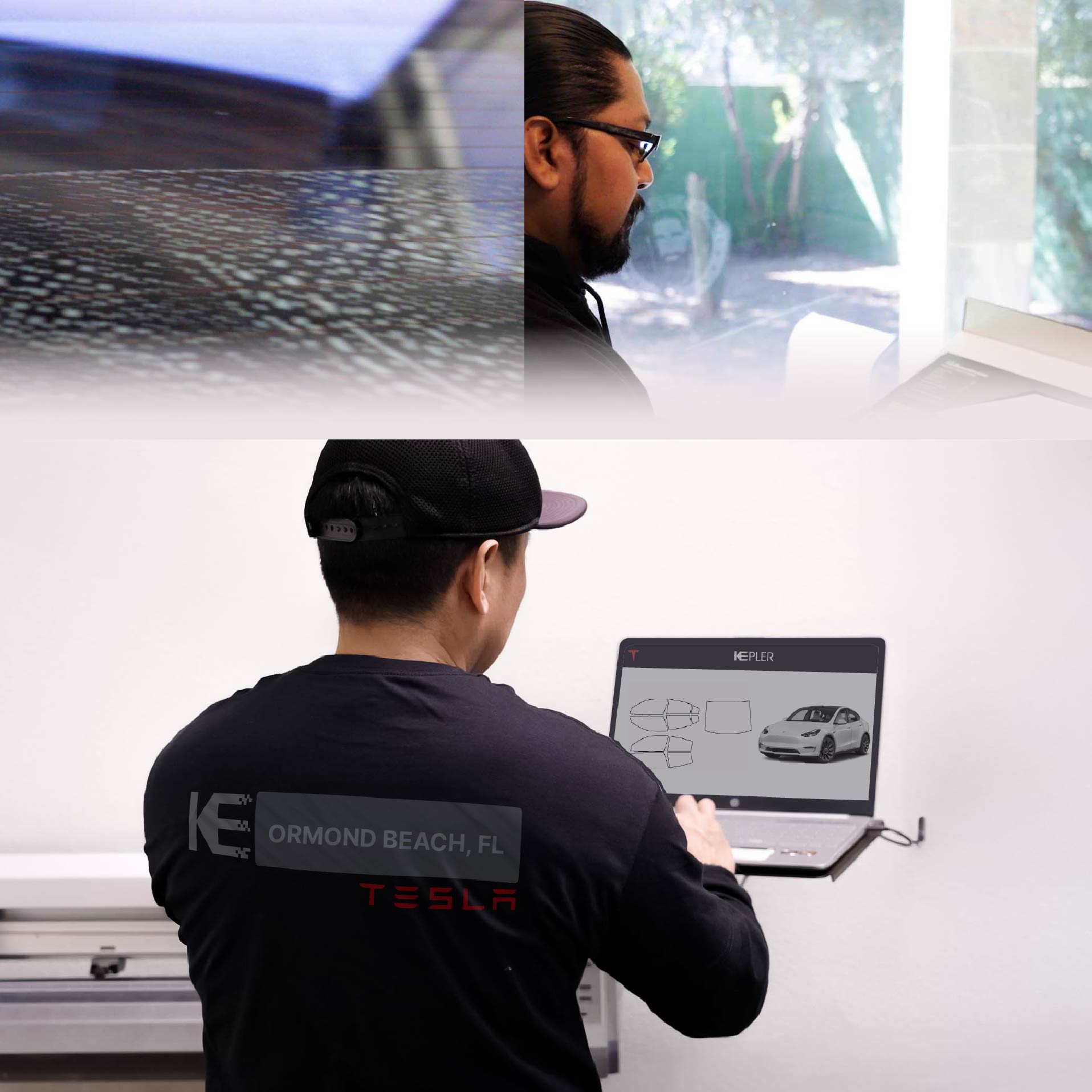 Expert Technician Fitting Advanced Window Tint to Tesla in Ormond Beach