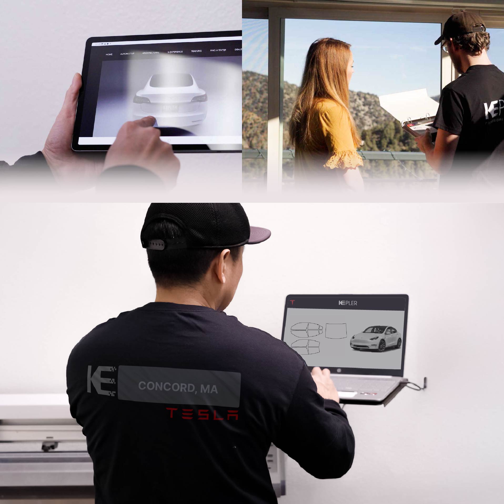 Expert Technician Fitting High-tech Window Tint to Tesla in Concord