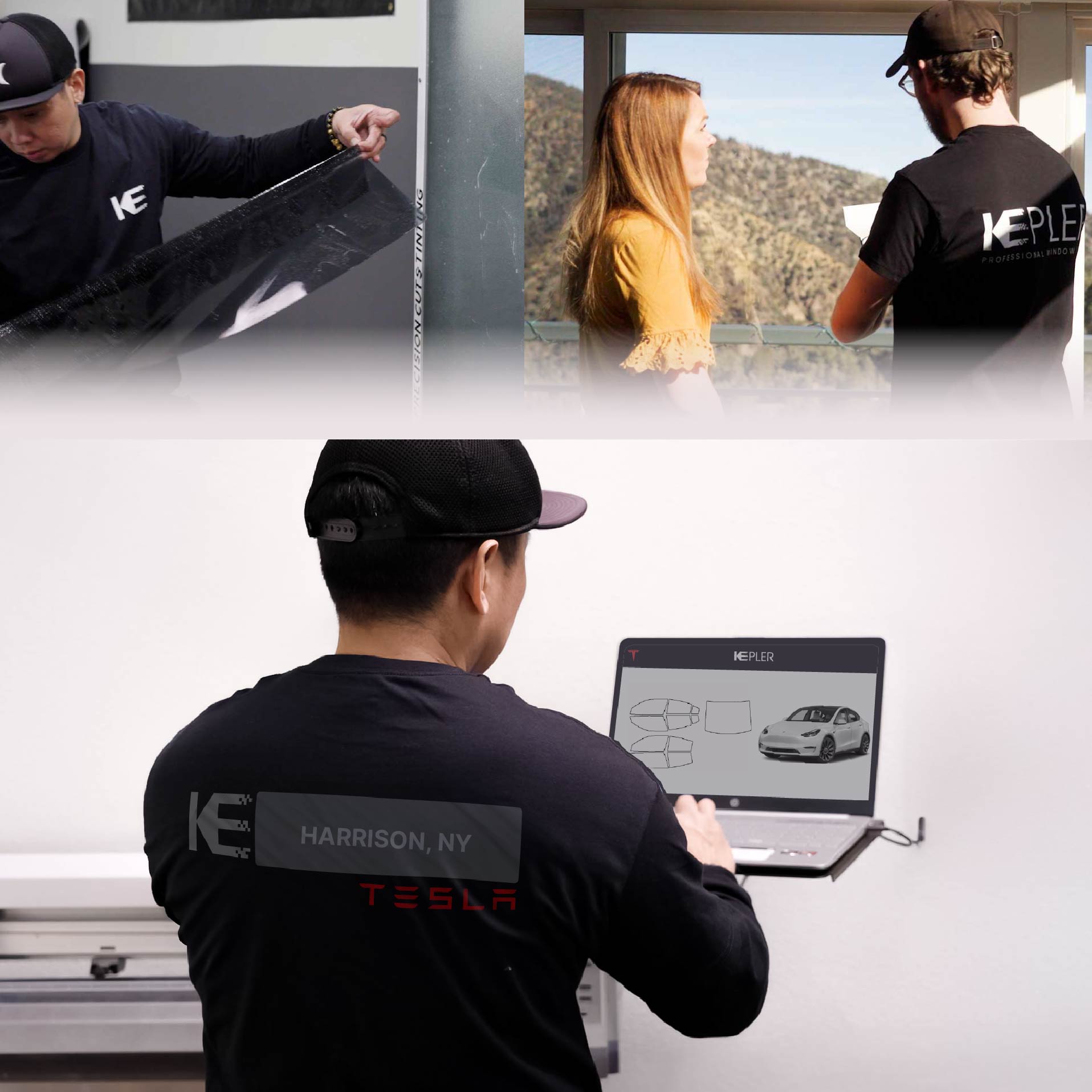 Expert Technician Fitting High-tech Window Tint to Tesla in Harrison