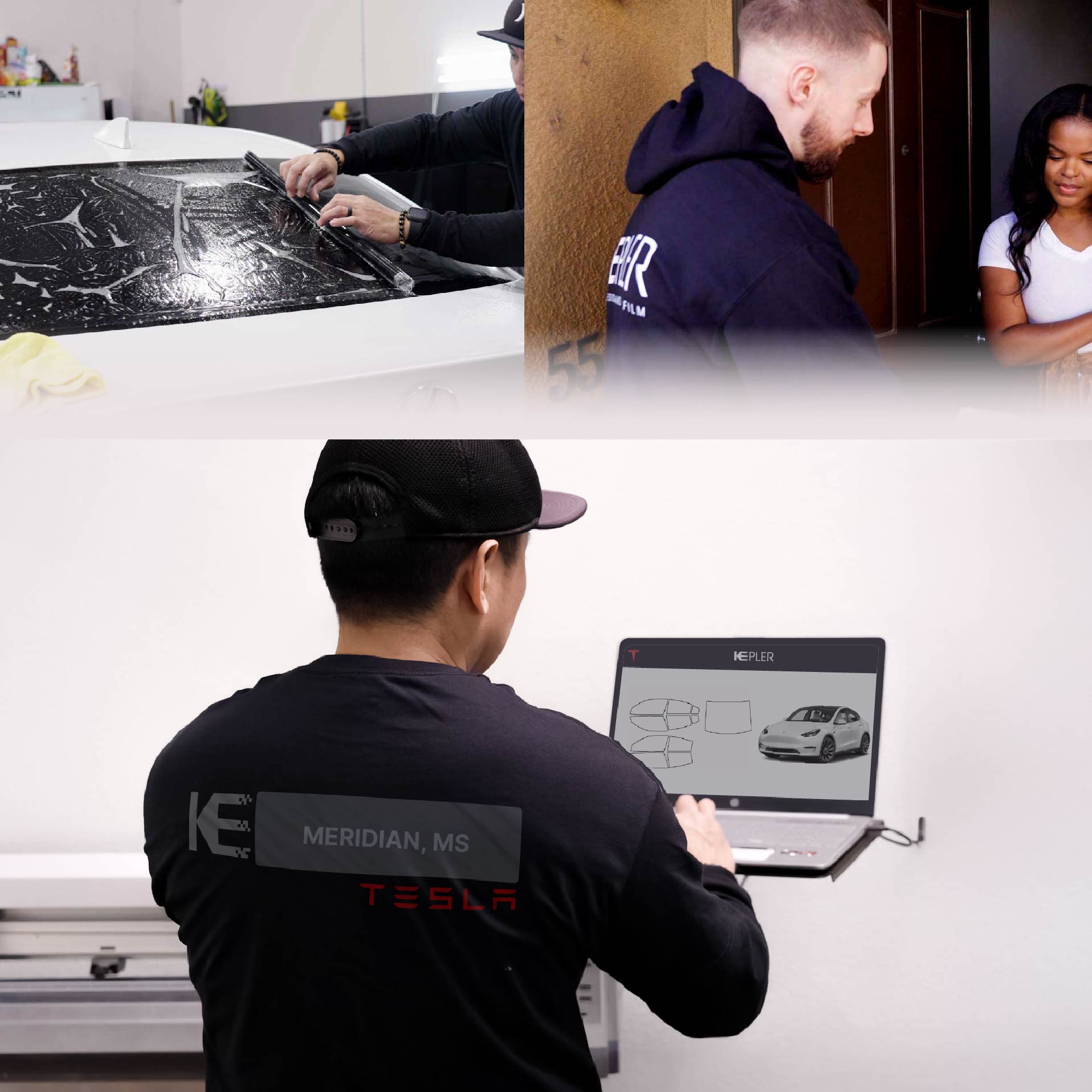 Kepler Technician Fitting Ceramic Window Tint to Tesla in Meridian