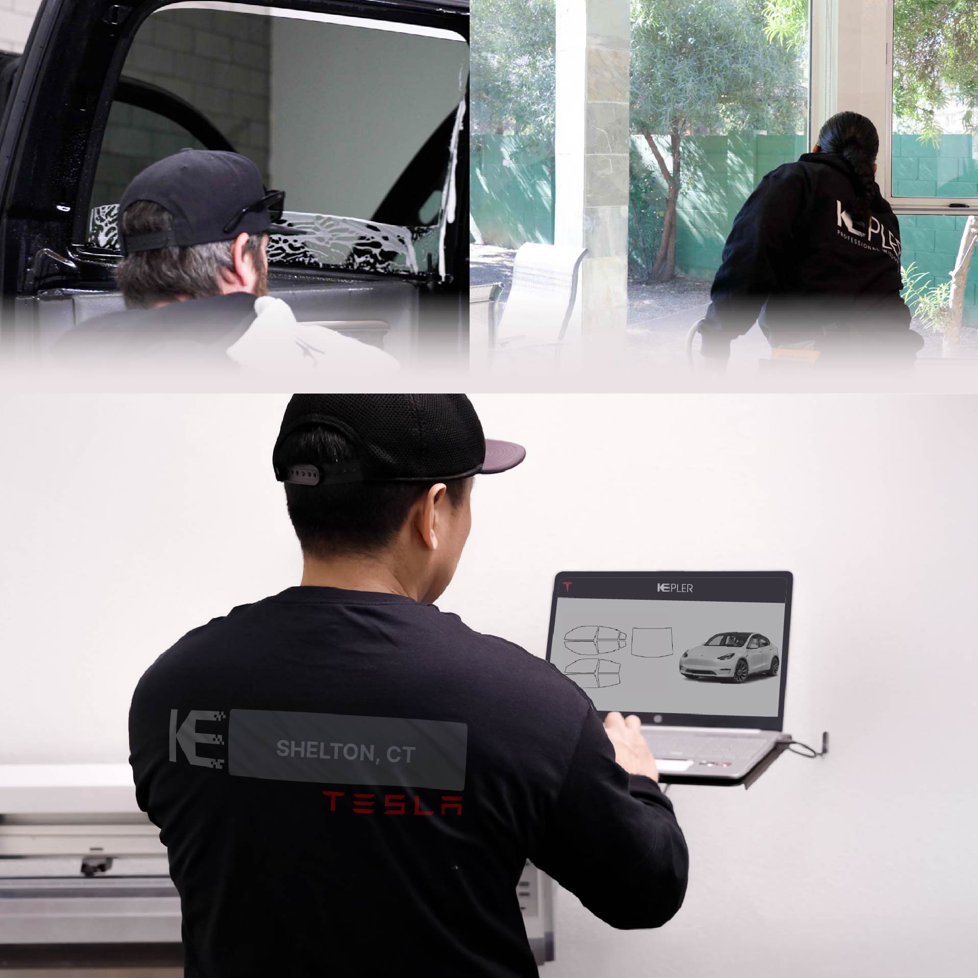Kepler Technician Installing Advanced Window Tint to Tesla in Shelton