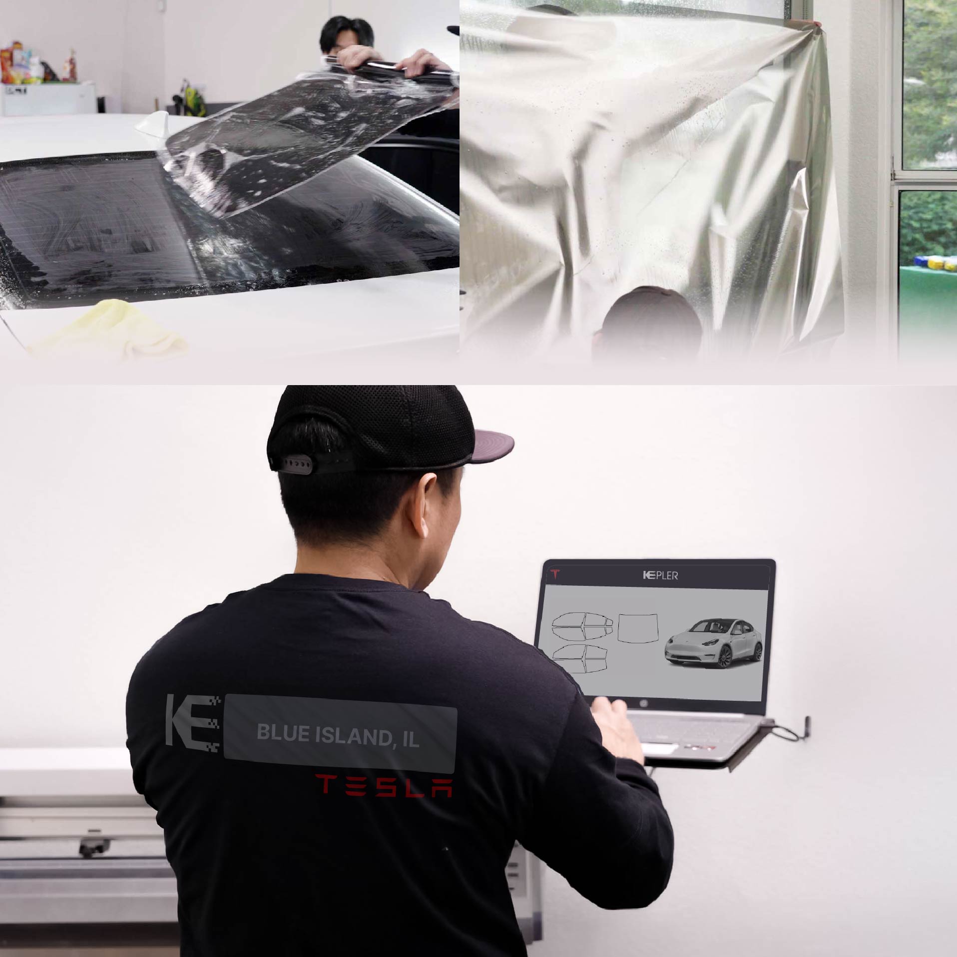 Kepler Technician Fitting Advanced Window Tint to Tesla in Blue Island