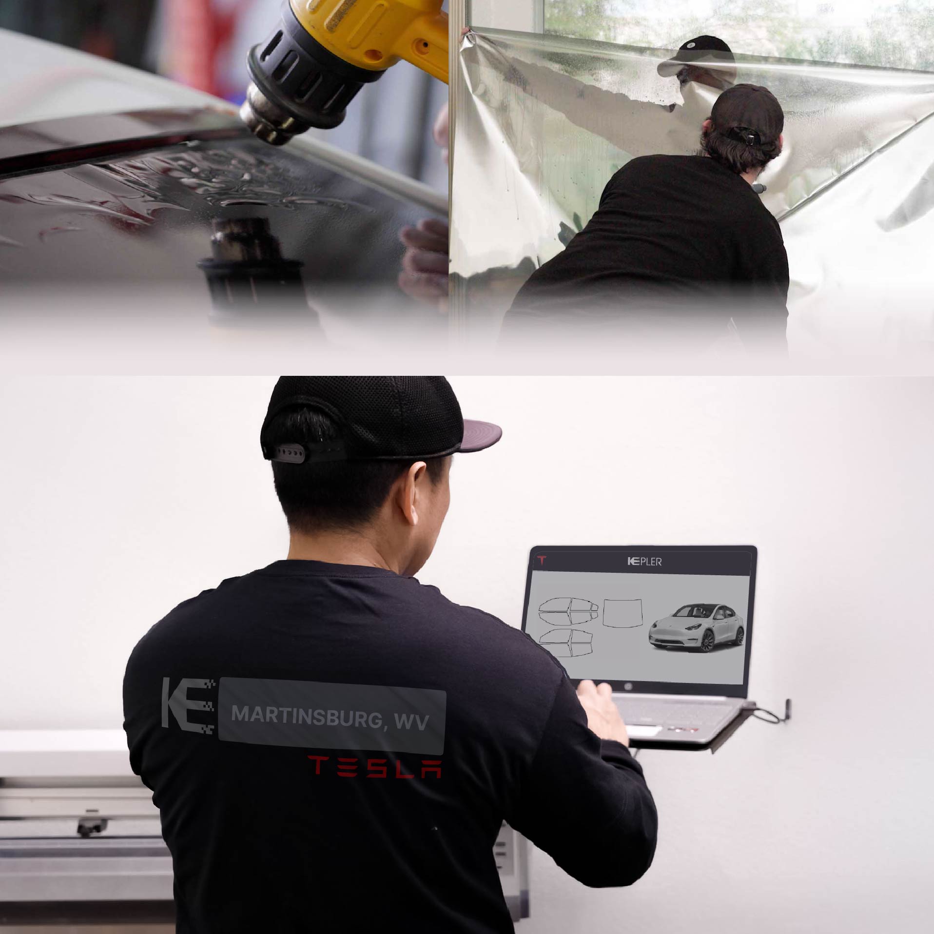Expert Technician Installing Advanced Window Tint to Tesla in Martinsburg