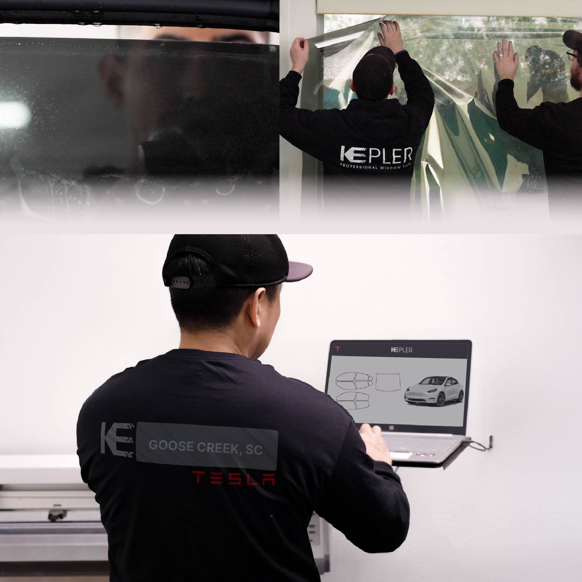 Expert Technician Installing Ceramic Window Tint to Tesla in Goose Creek