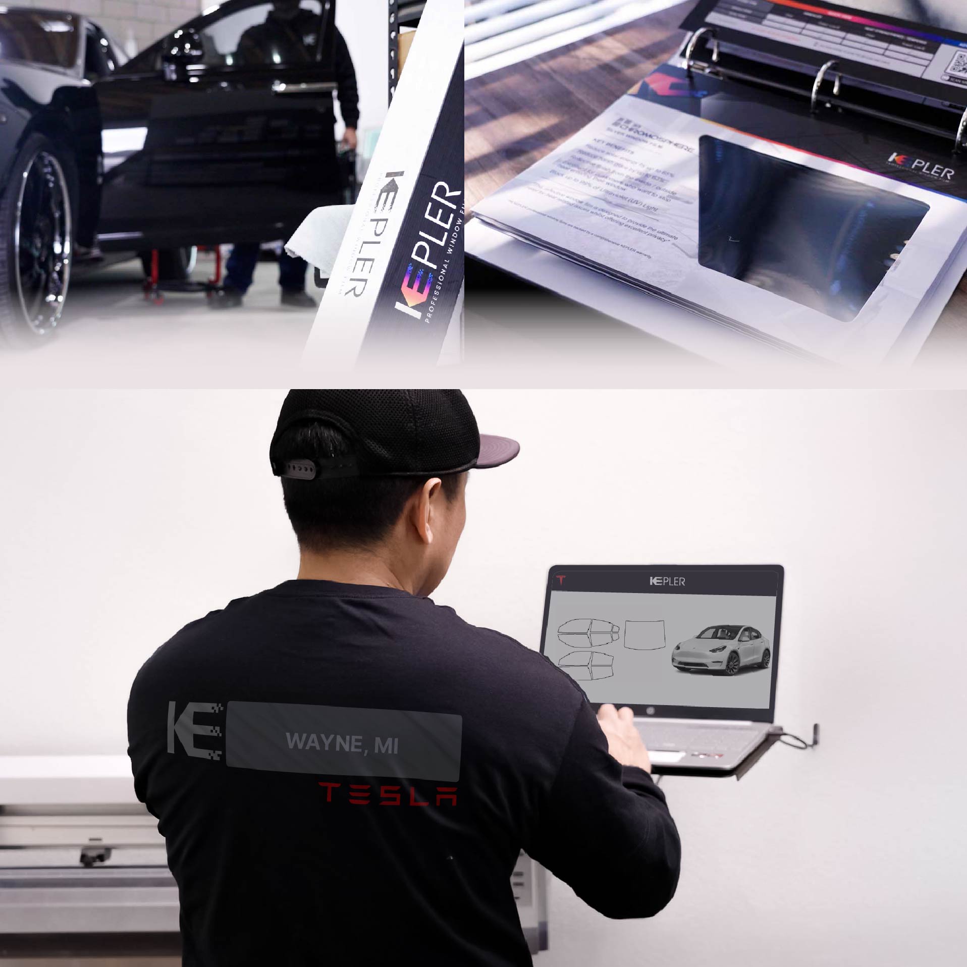Expert Technician Applying Advanced Window Tint to Tesla in Wayne