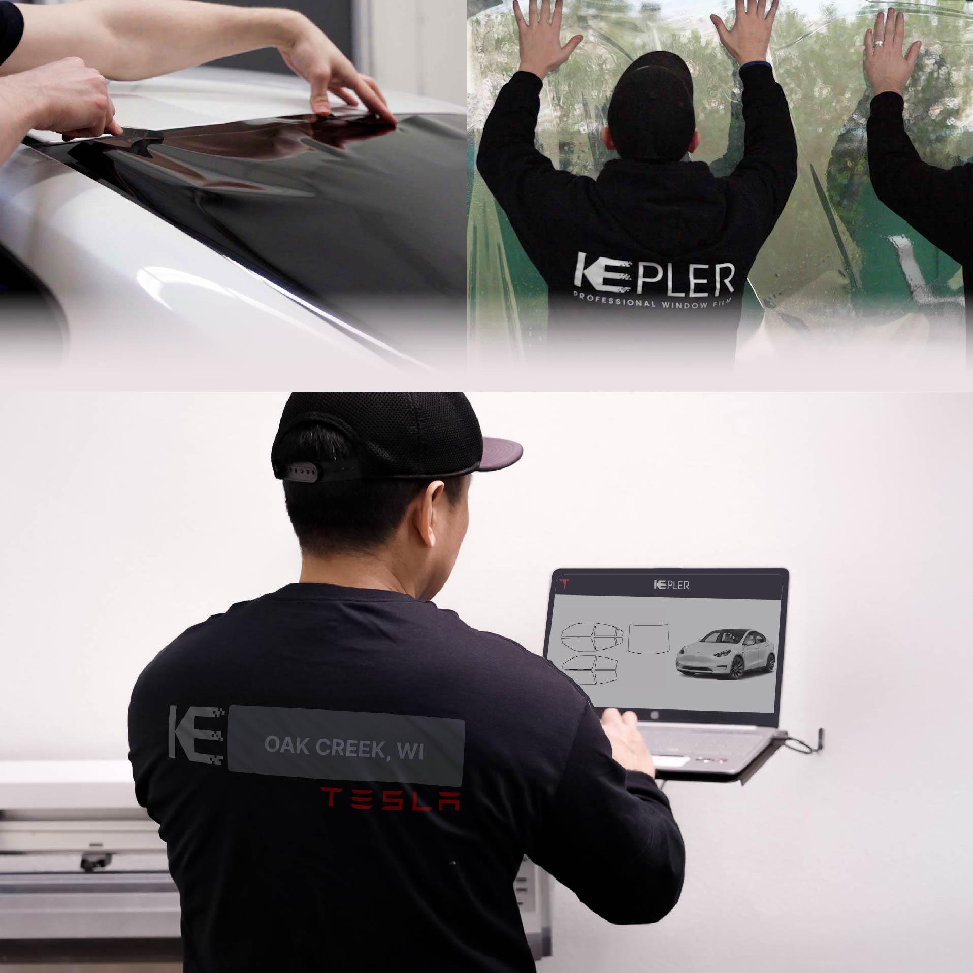 Expert Technician Applying Ceramic Window Tint to Tesla in Oak Creek