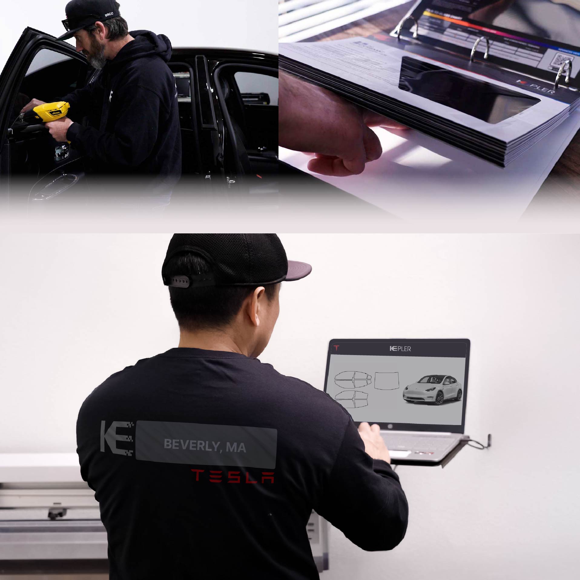 Expert Technician Installing Advanced Window Tint to Tesla in Beverly