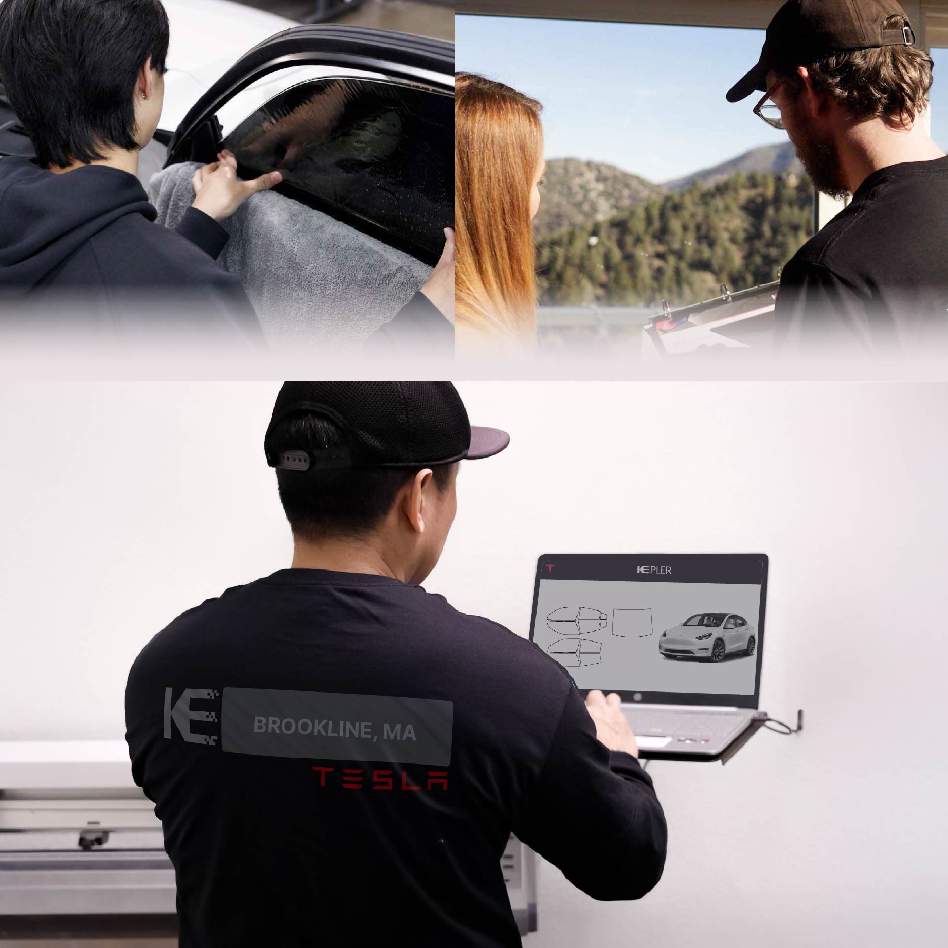 Kepler Technician Installing Advanced Window Tint to Tesla in Brookline