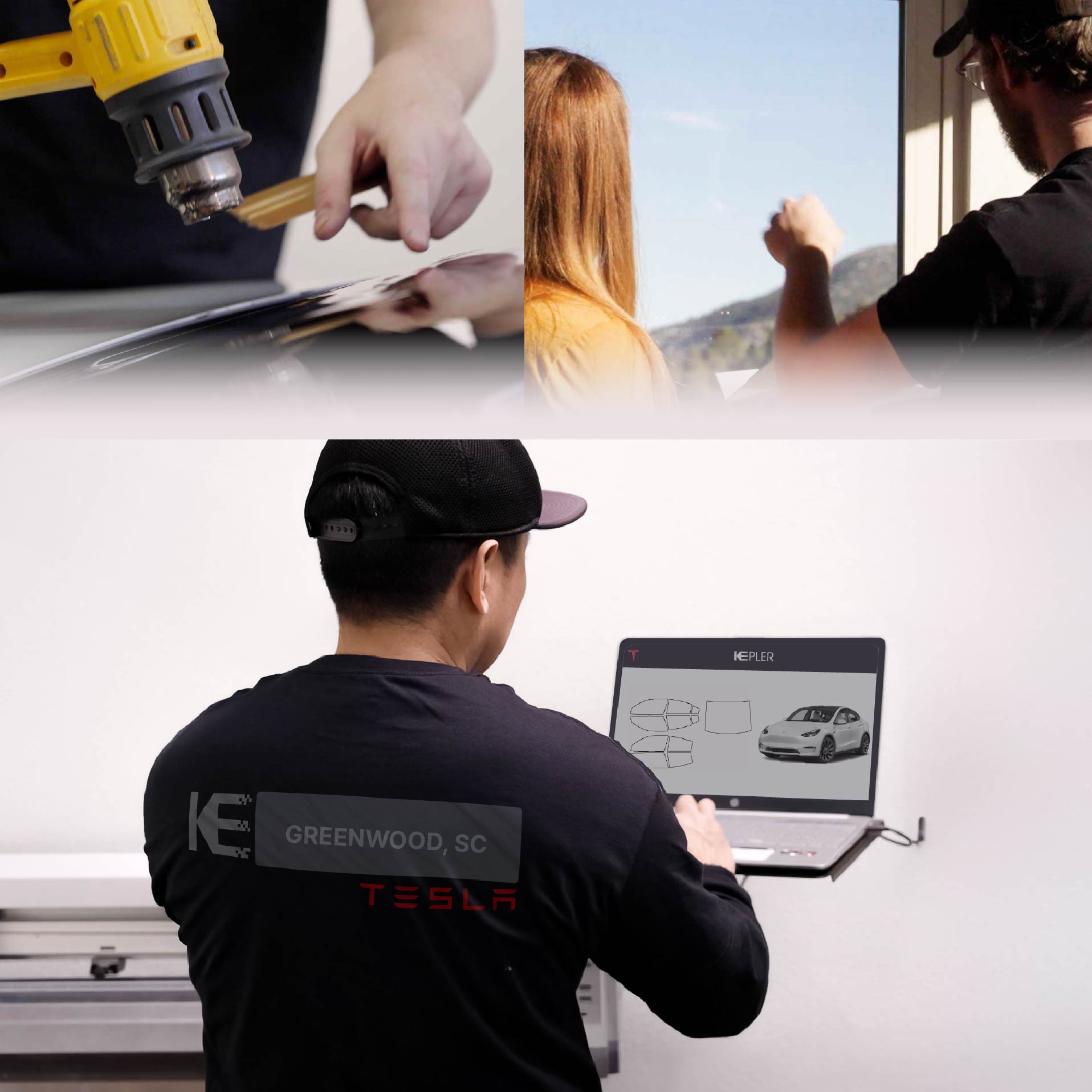 Kepler Technician Installing Ceramic Window Tint to Tesla in Greenwood