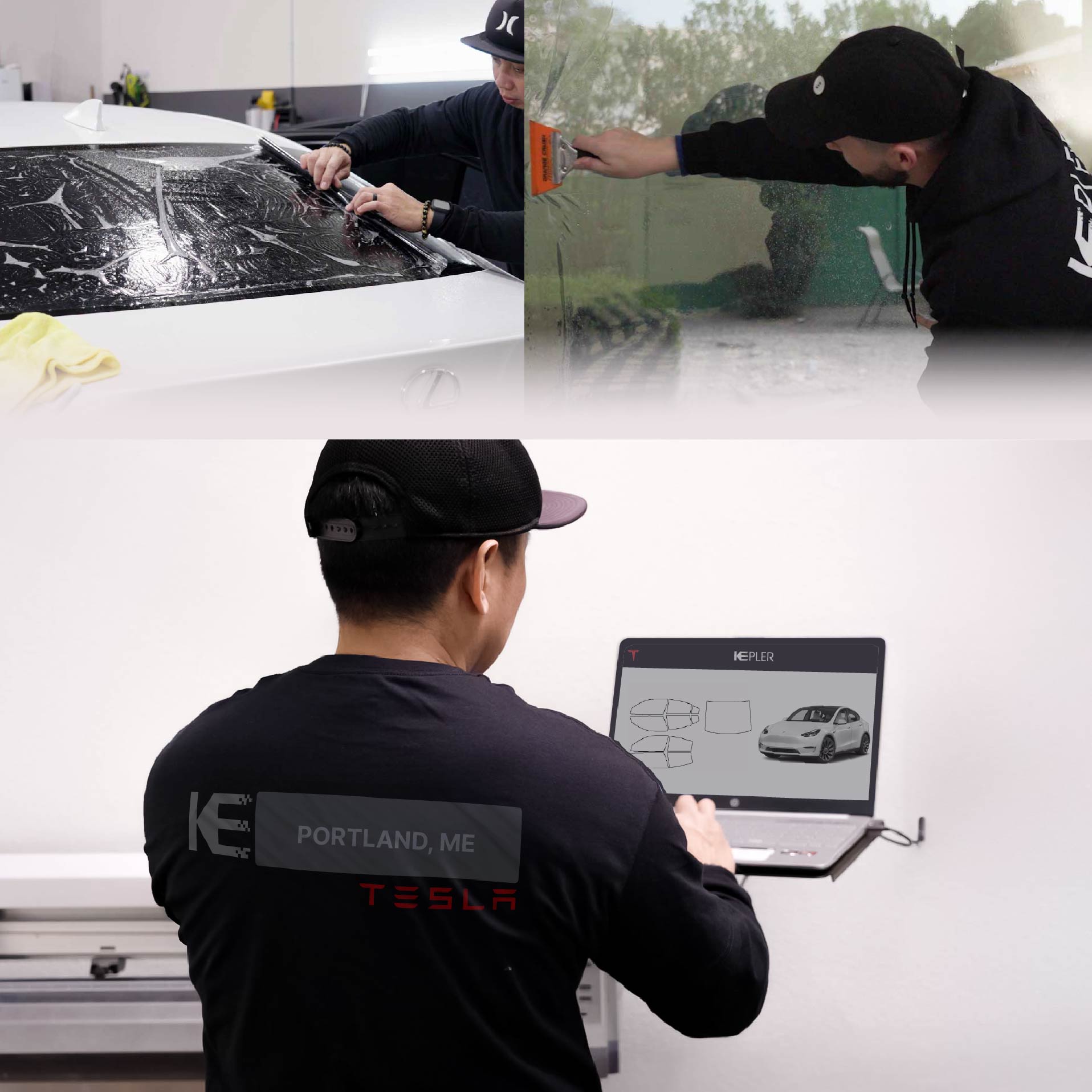 Expert Technician Installing Ceramic Window Tint to Tesla in Portland