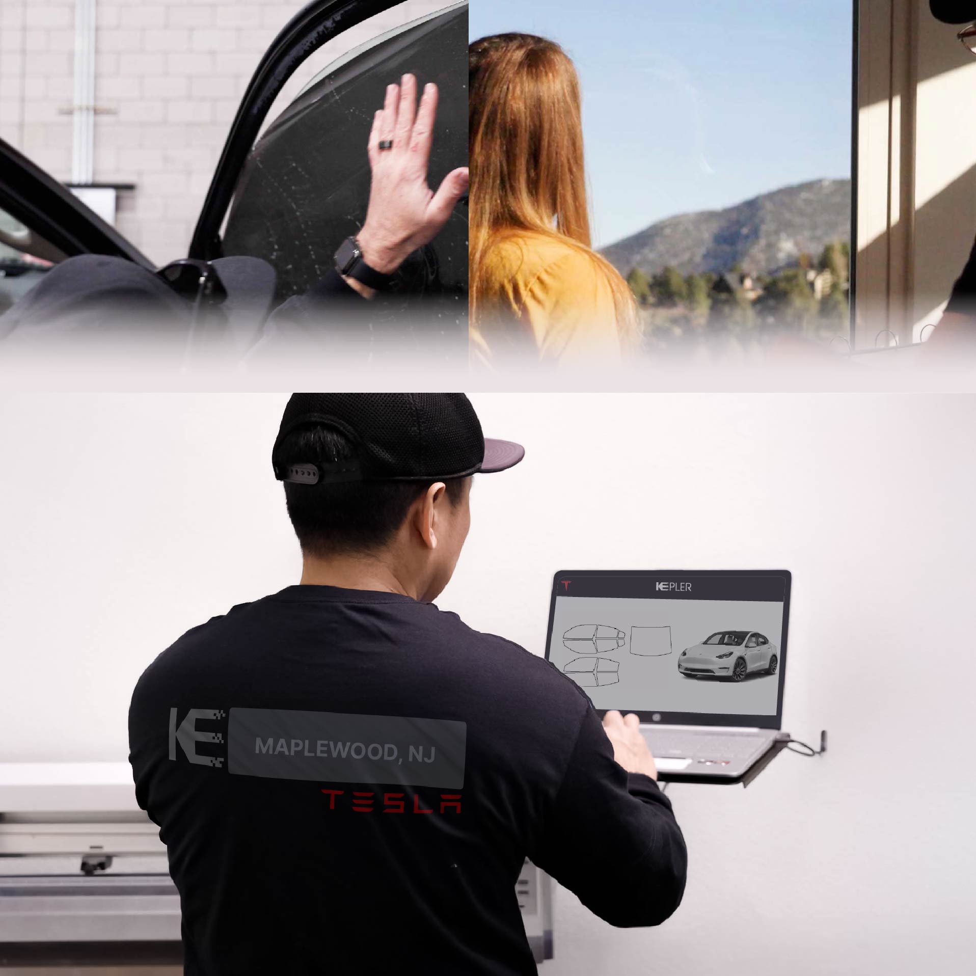 Expert Technician Applying High-tech Window Tint to Tesla in Maplewood