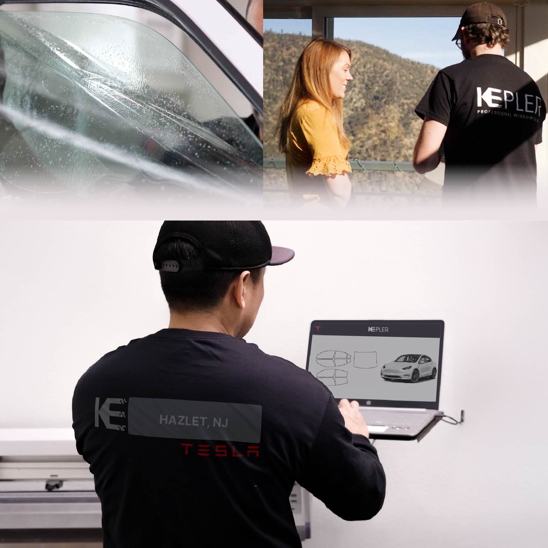 Kepler Technician Fitting Ceramic Window Tint to Tesla in Hazlet