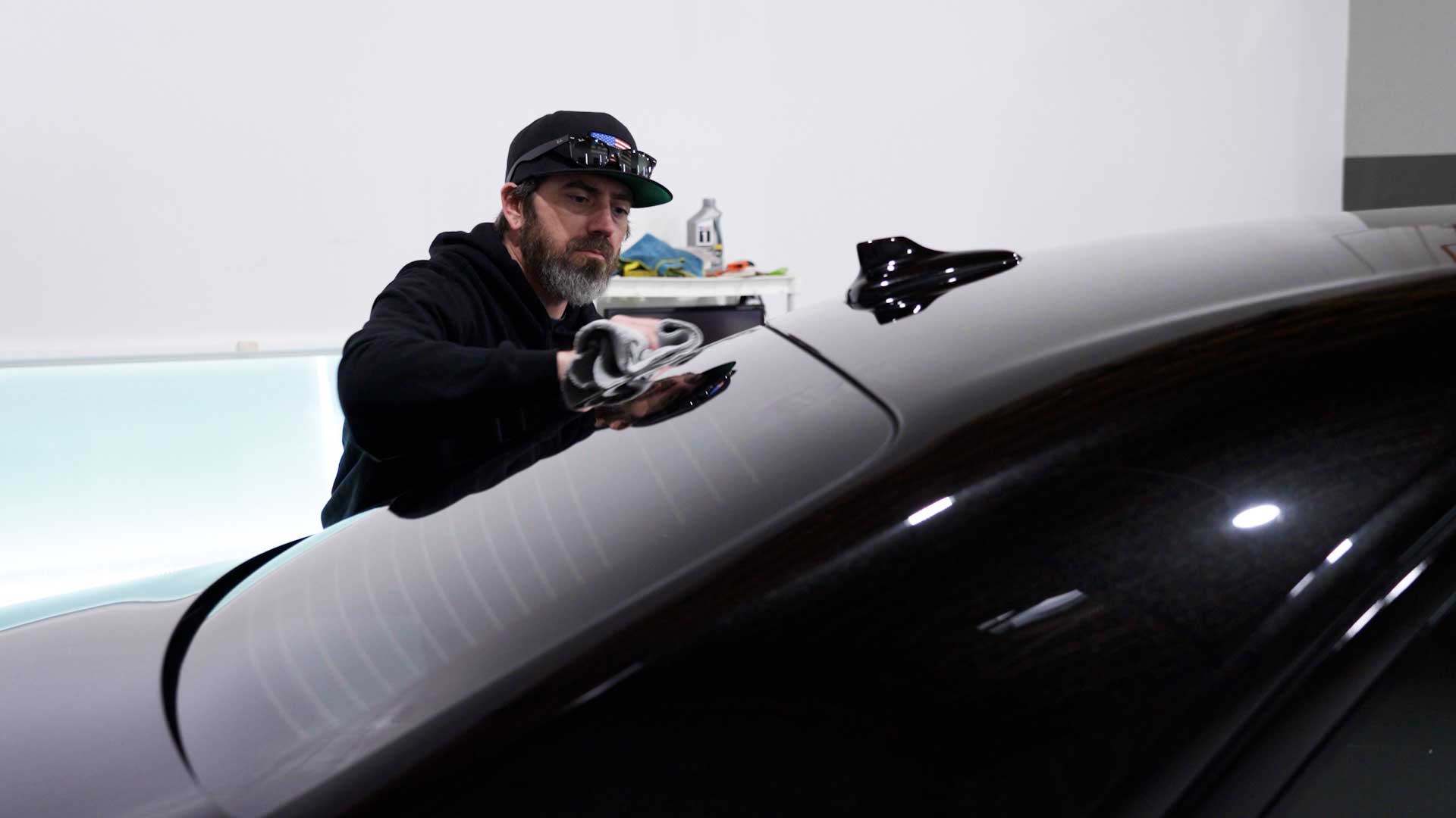Expert Tesla Window Tint being cleaned after tinting in Gretna