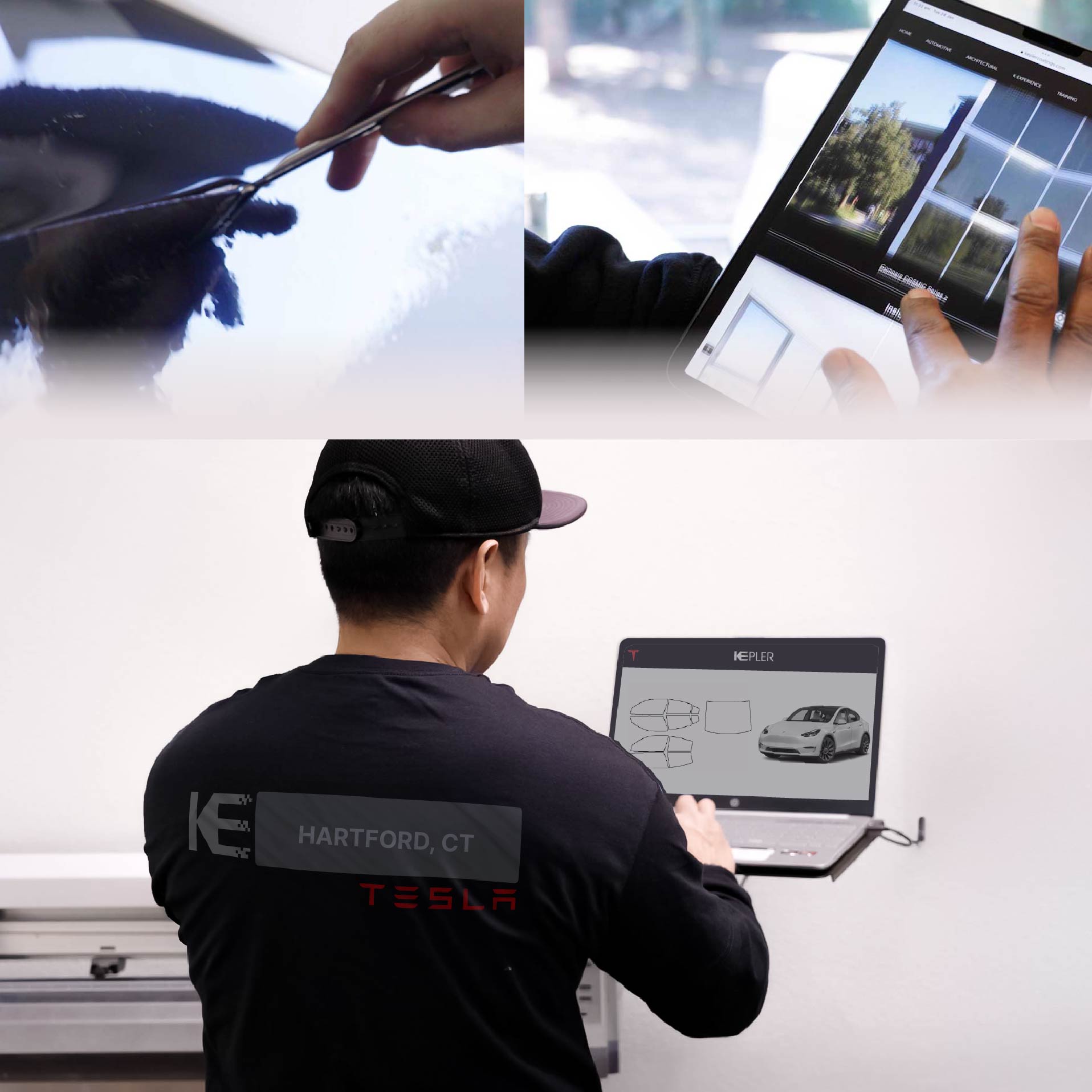 Expert Technician Fitting Advanced Window Tint to Tesla in Hartford