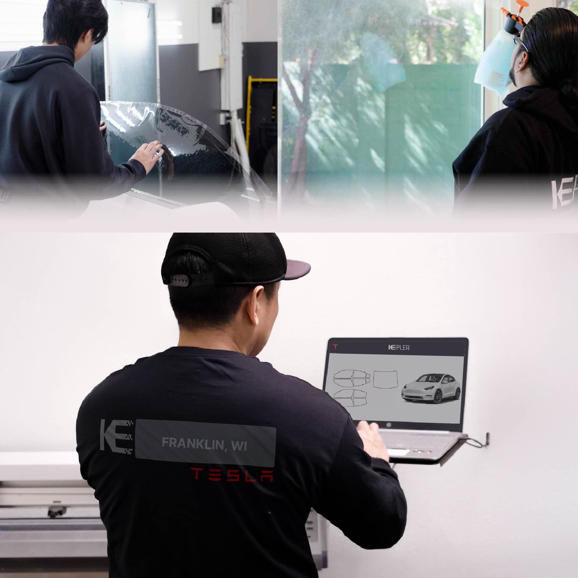 Kepler Technician Fitting Advanced Window Tint to Tesla in Franklin