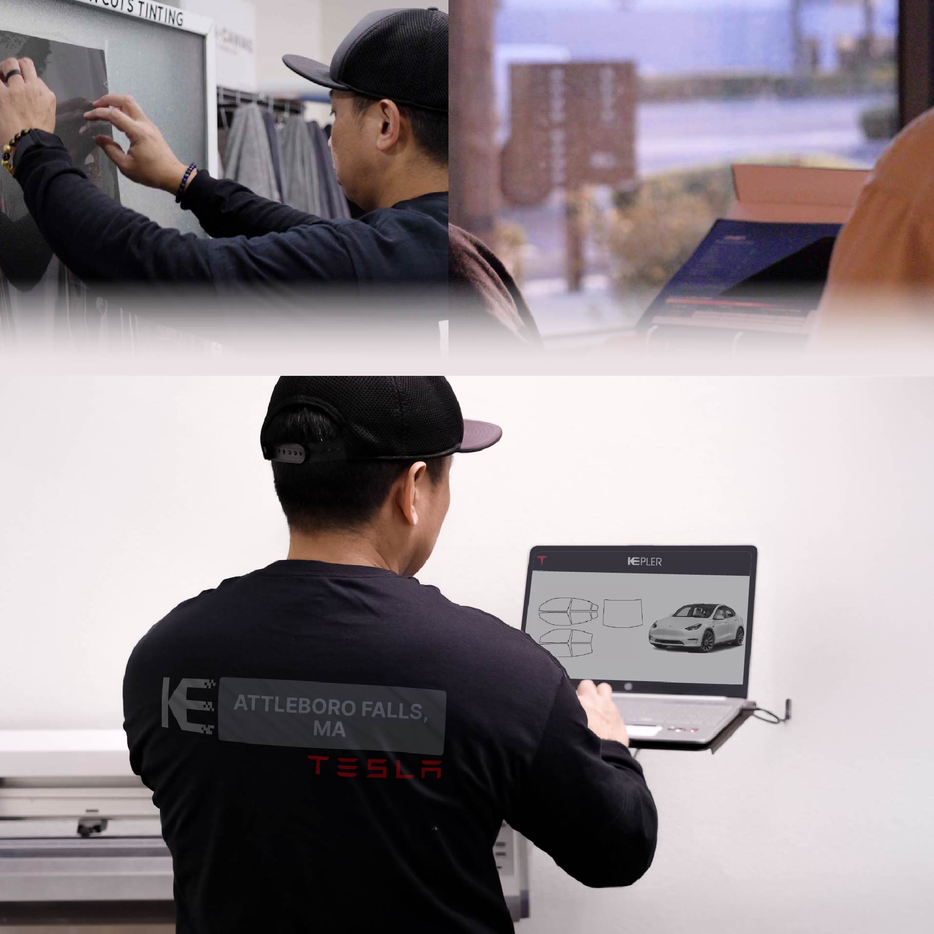 Expert Technician Applying High-tech Window Tint to Tesla in Attleboro Falls