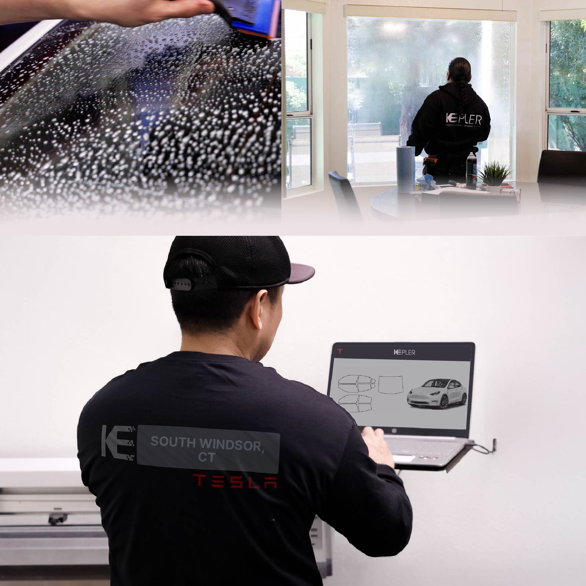 Kepler Technician Installing Advanced Window Tint to Tesla in South Windsor