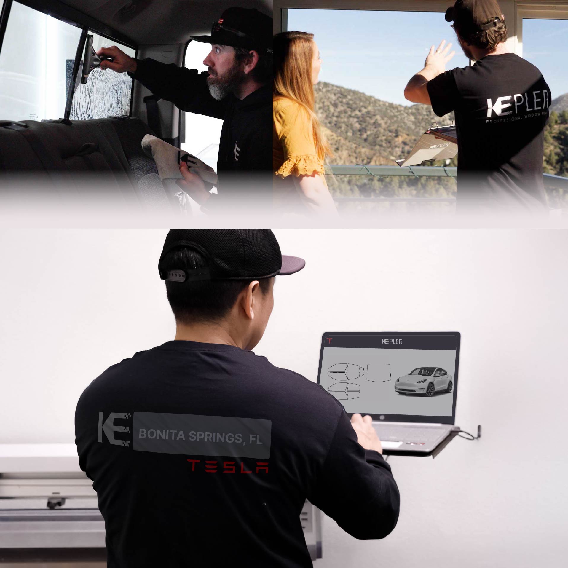 Kepler Technician Applying Ceramic Window Tint to Tesla in Bonita Springs