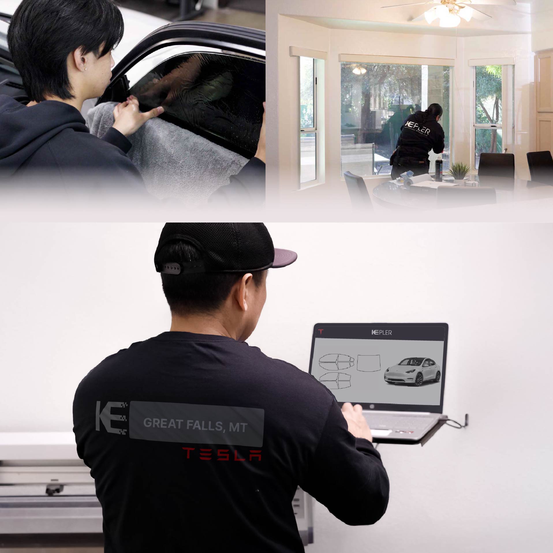 Kepler Technician Applying Ceramic Window Tint to Tesla in Great Falls