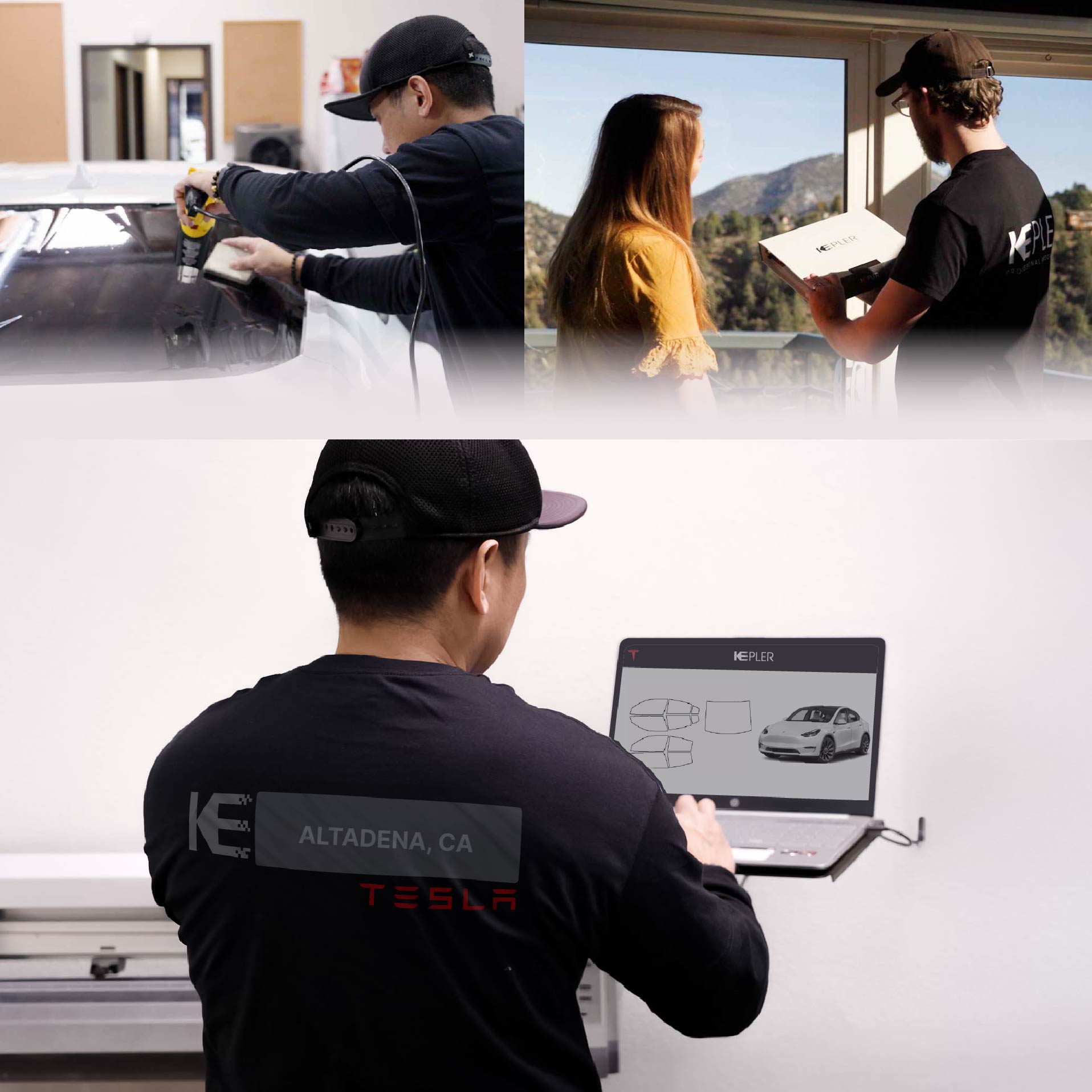 Expert Technician Fitting High-tech Window Tint to Tesla in Altadena