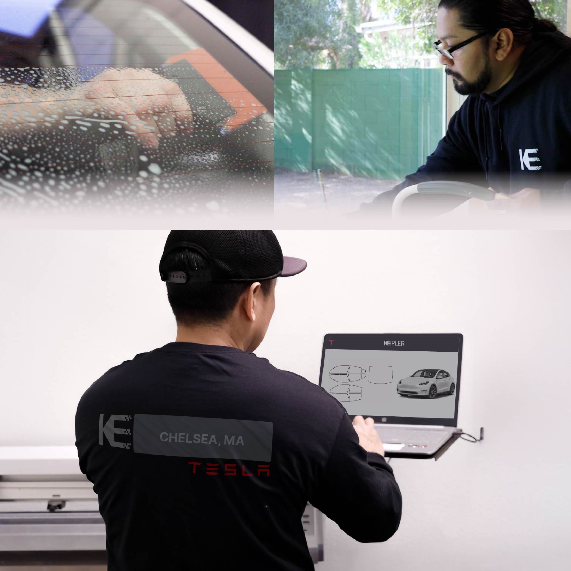 Expert Technician Applying Ceramic Window Tint to Tesla in Chelsea