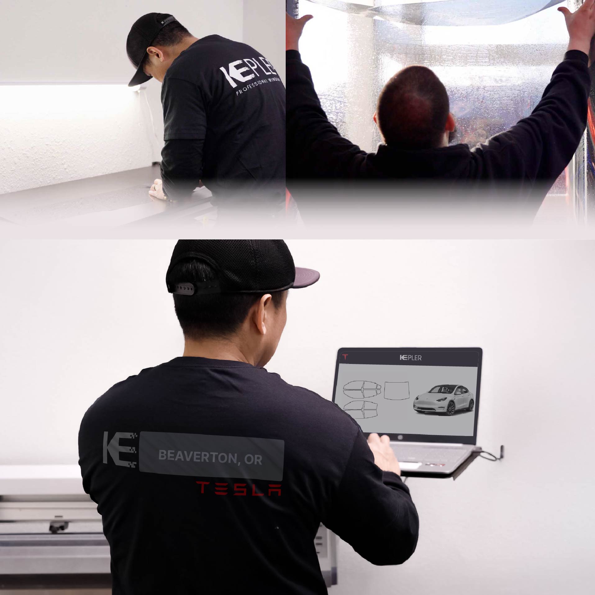 Kepler Technician Fitting Ceramic Window Tint to Tesla in Beaverton