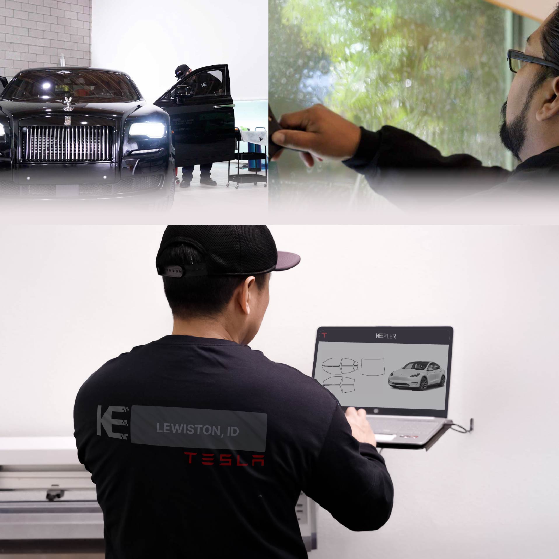 Kepler Technician Installing High-tech Window Tint to Tesla in Lewiston
