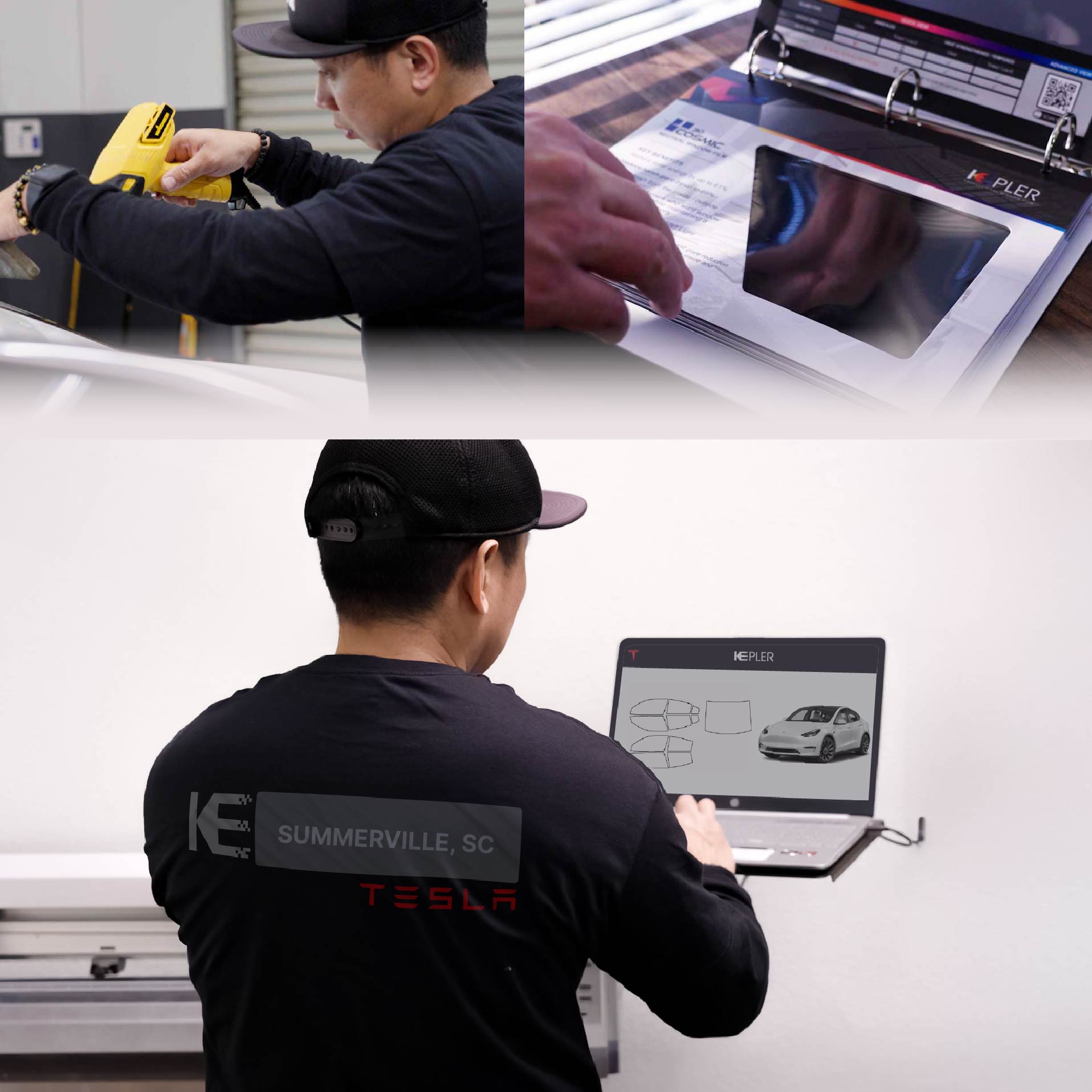 Expert Technician Applying Advanced Window Tint to Tesla in Summerville