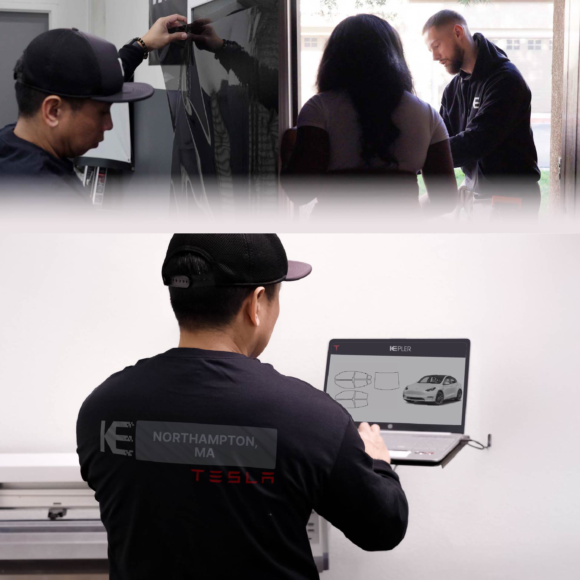 Expert Technician Applying Ceramic Window Tint to Tesla in Northampton