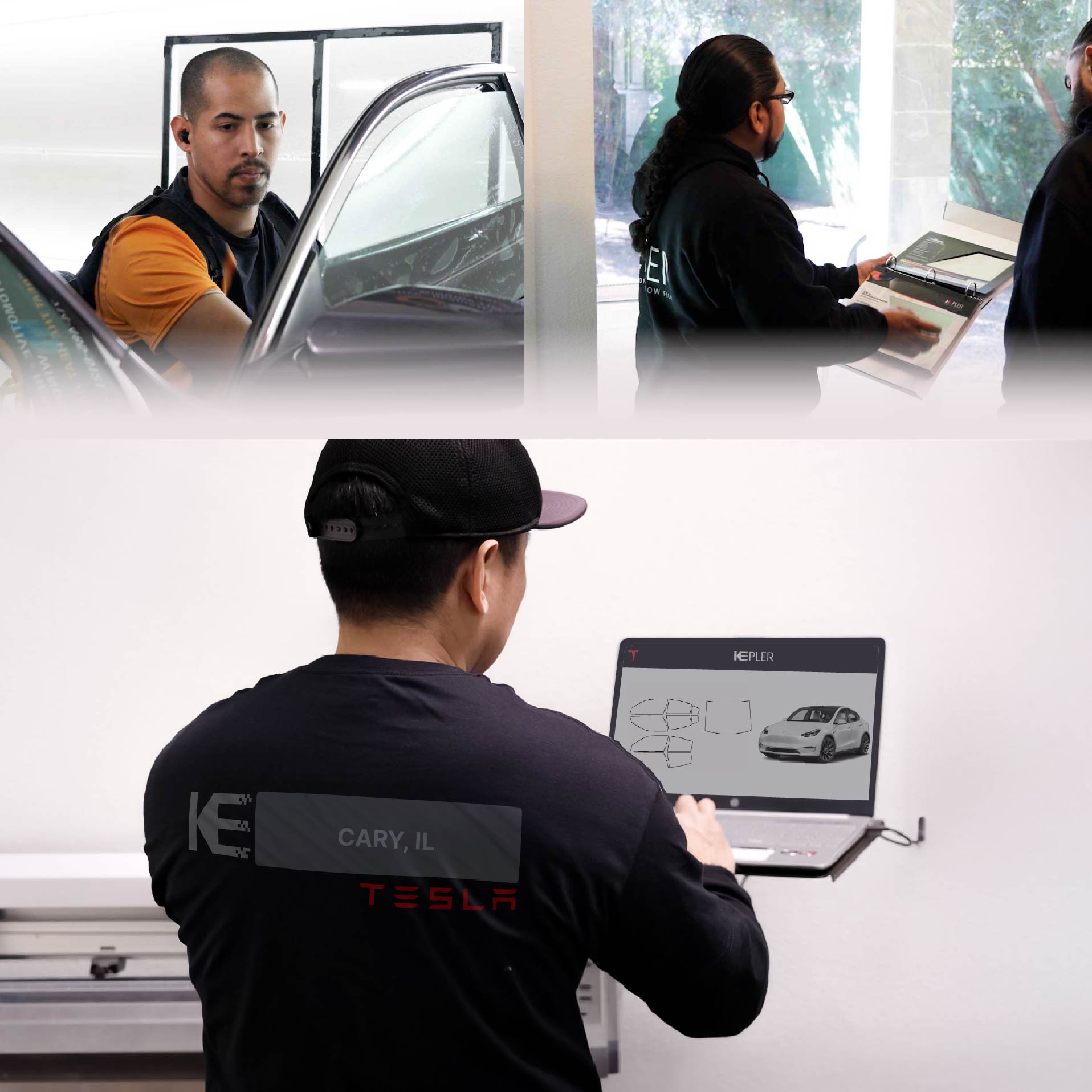 Expert Technician Installing Ceramic Window Tint to Tesla in Cary