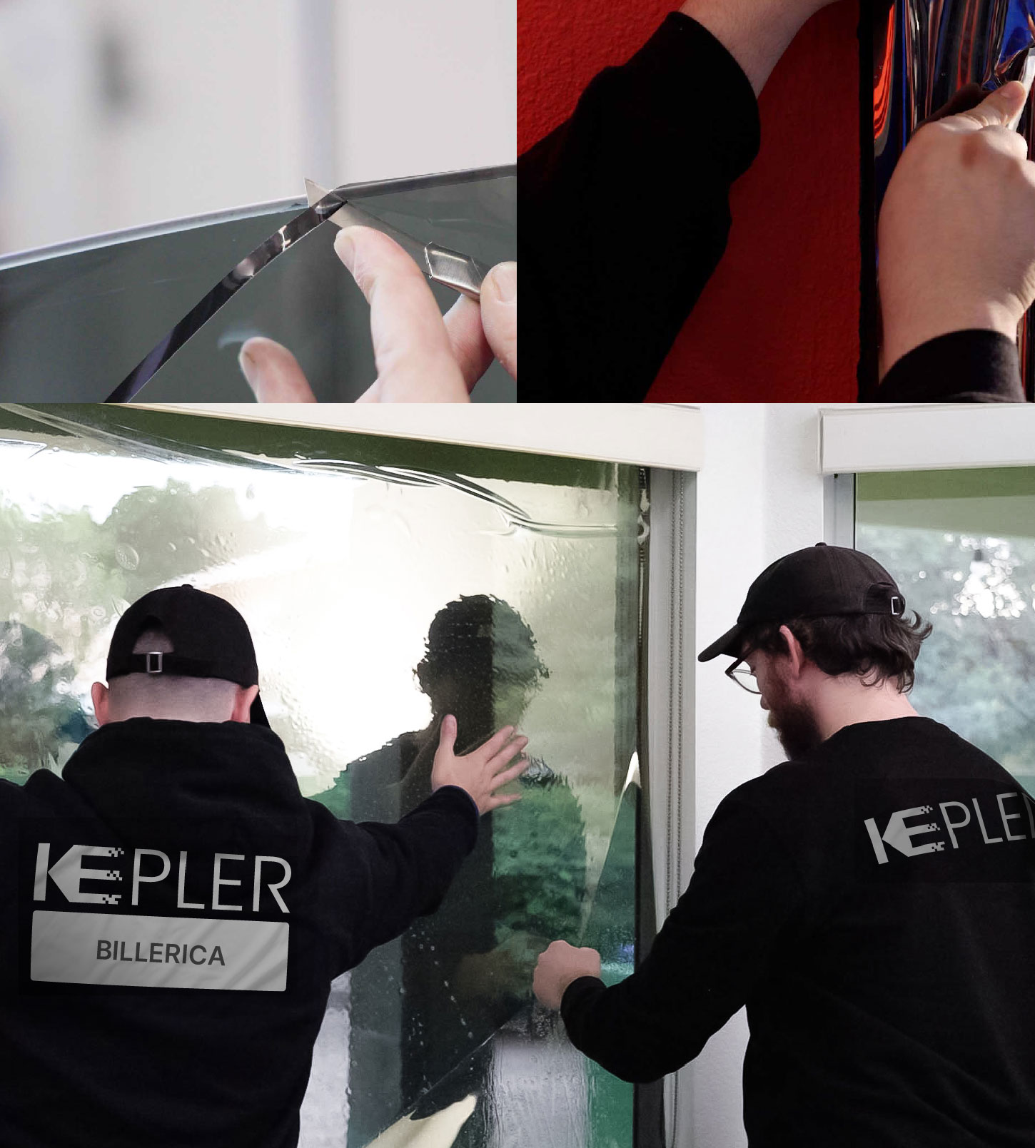 Expert Technician Fitting High-tech Window Tint to Home in Billerica