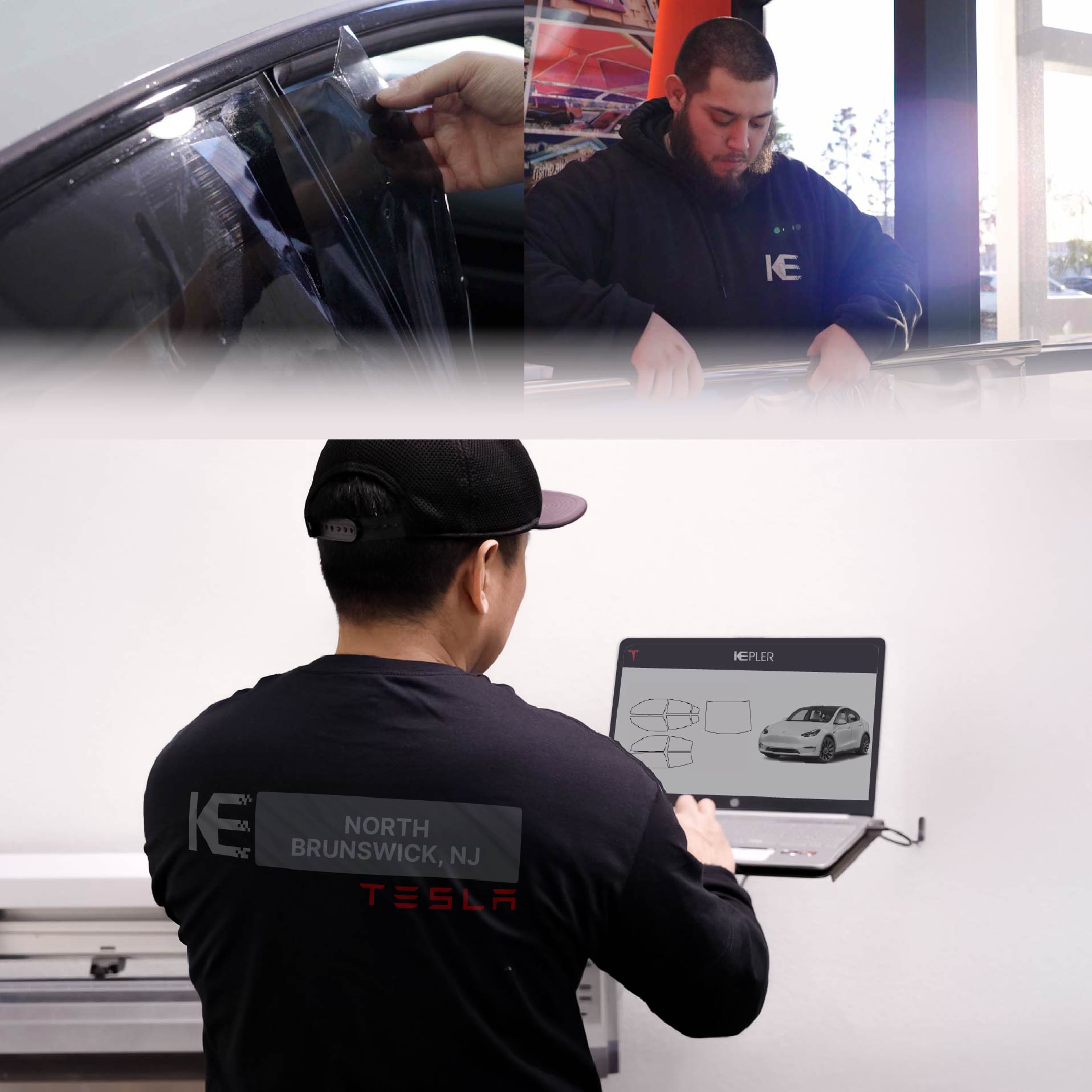 Kepler Technician Applying Ceramic Window Tint to Tesla in North Brunswick