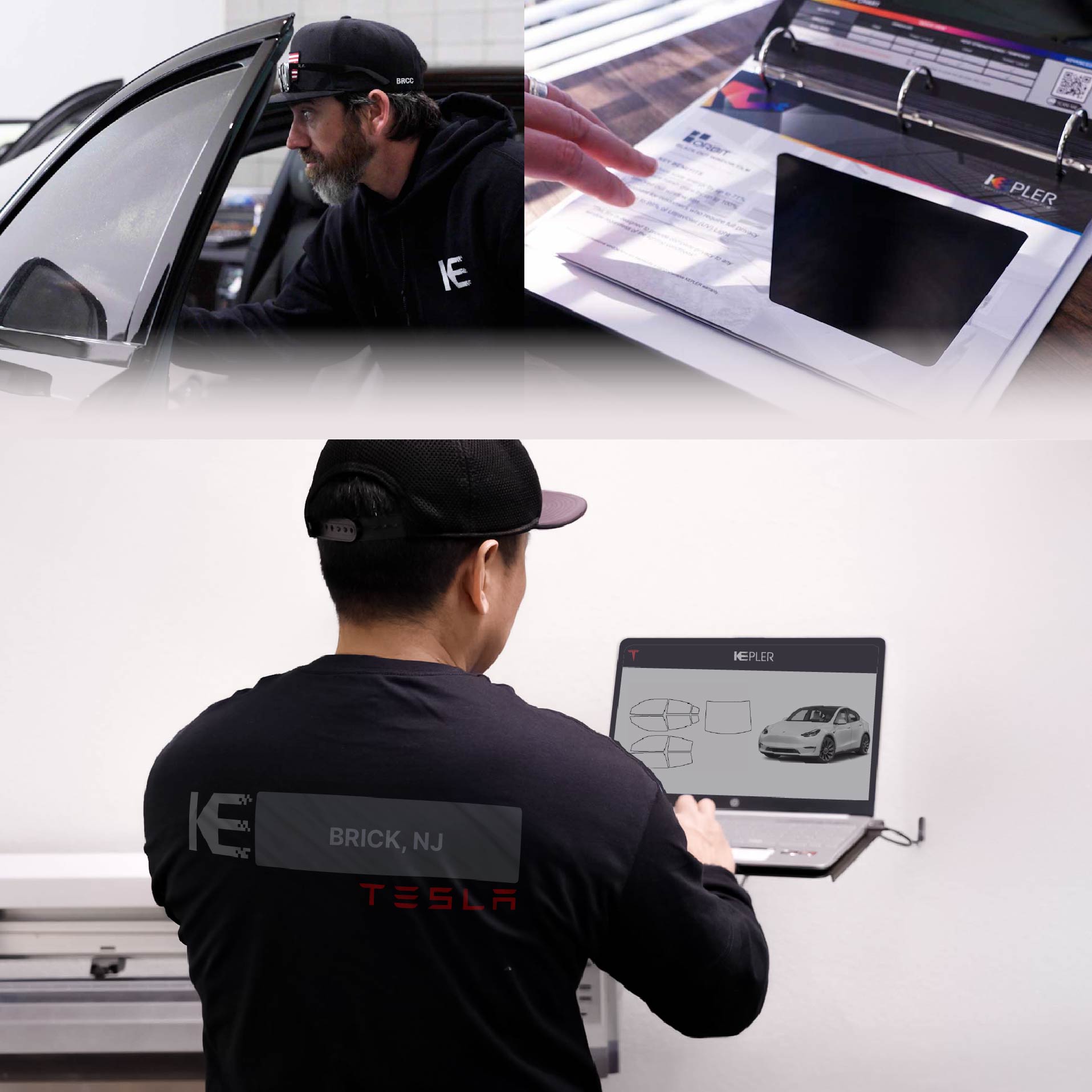 Expert Technician Fitting High-tech Window Tint to Tesla in Brick