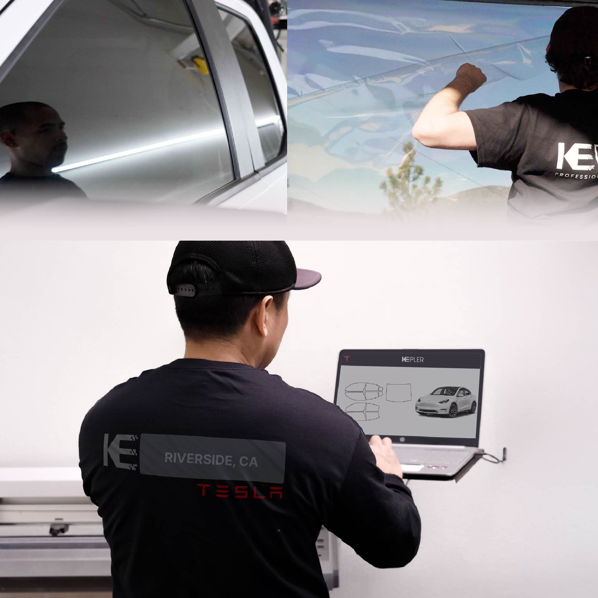 Expert Technician Installing Advanced Window Tint to Tesla in Riverside