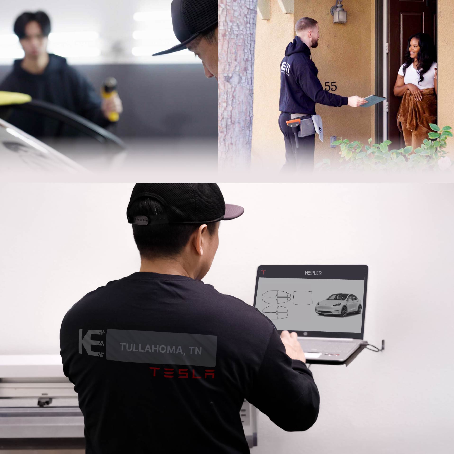 Expert Technician Applying High-tech Window Tint to Tesla in Tullahoma